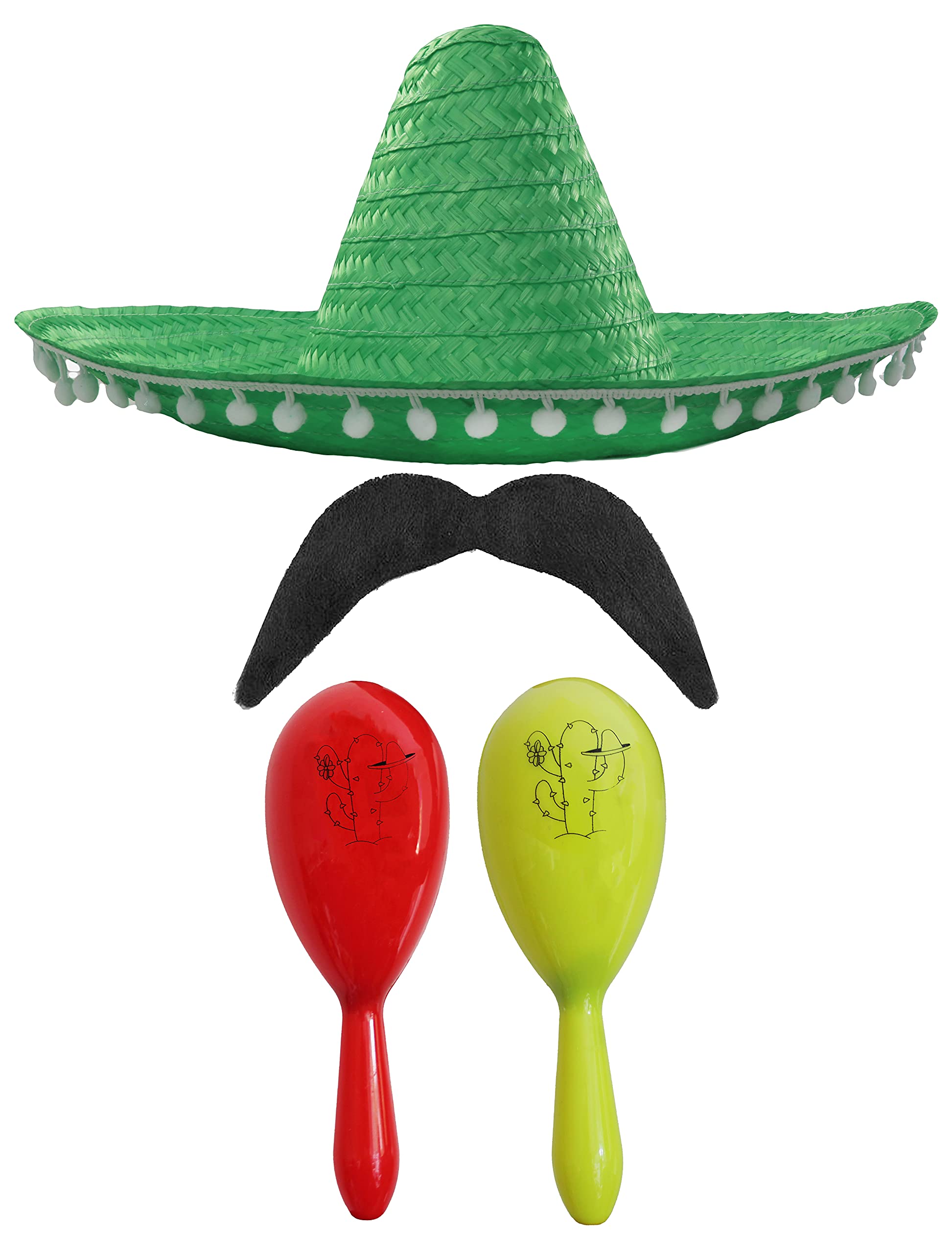 Adults Mexican Accessory Set - Green Mexican Sombrero, Red & Yellow Maracas, Moustache - Mexican Cinco de Mayo Sensorita Bandit Mariachi Fancy Dress Costume Accessory Set