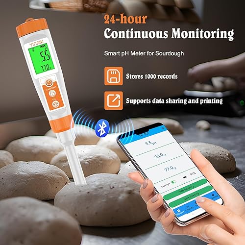 Vista 5 de Medidor de pH inteligente para alimentos - Probador digital de pH con todos los accesorios Medidor de pH YINMIK Lab Termómetro de pH