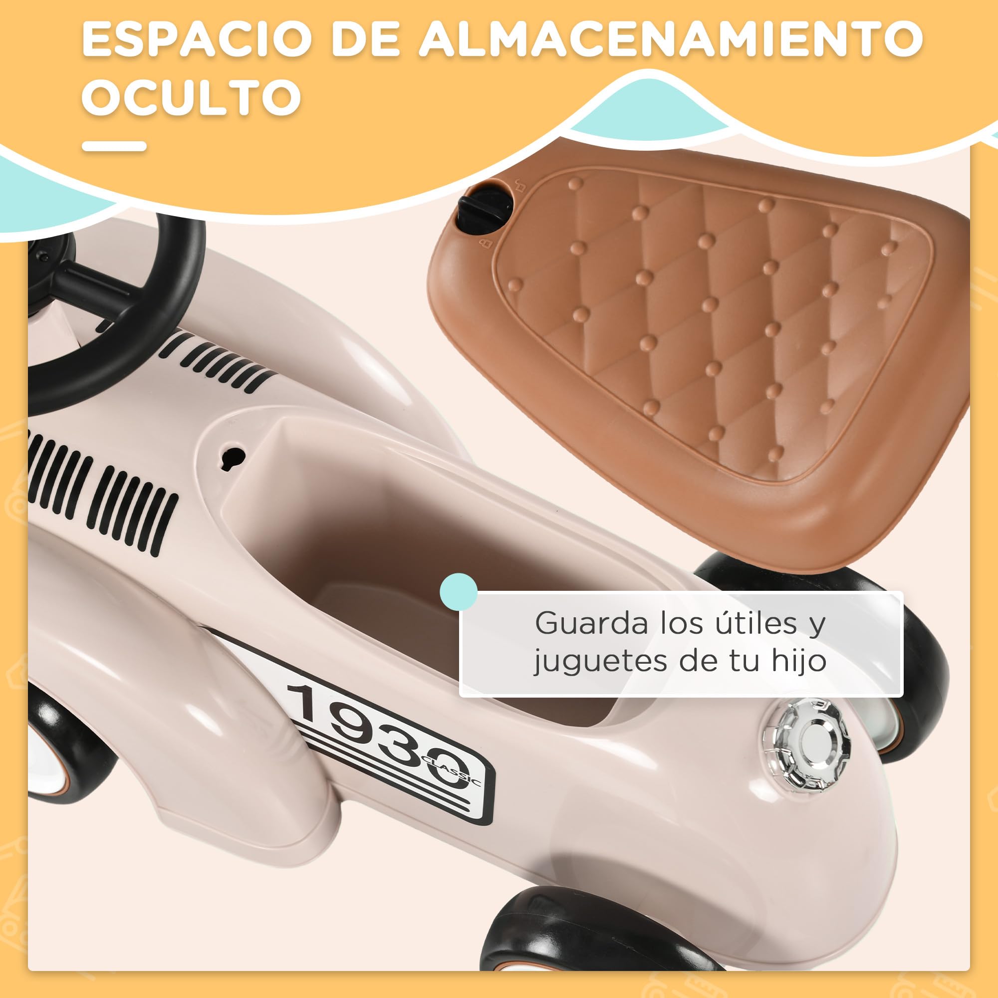 AIYAPLAY Correpasillos para Bebés de 12 a 36 Meses Coche sin Pedales con Bocina Compartimento de Almacenaje y Volante para Interior y Exterior 58x27x35 cm Crema