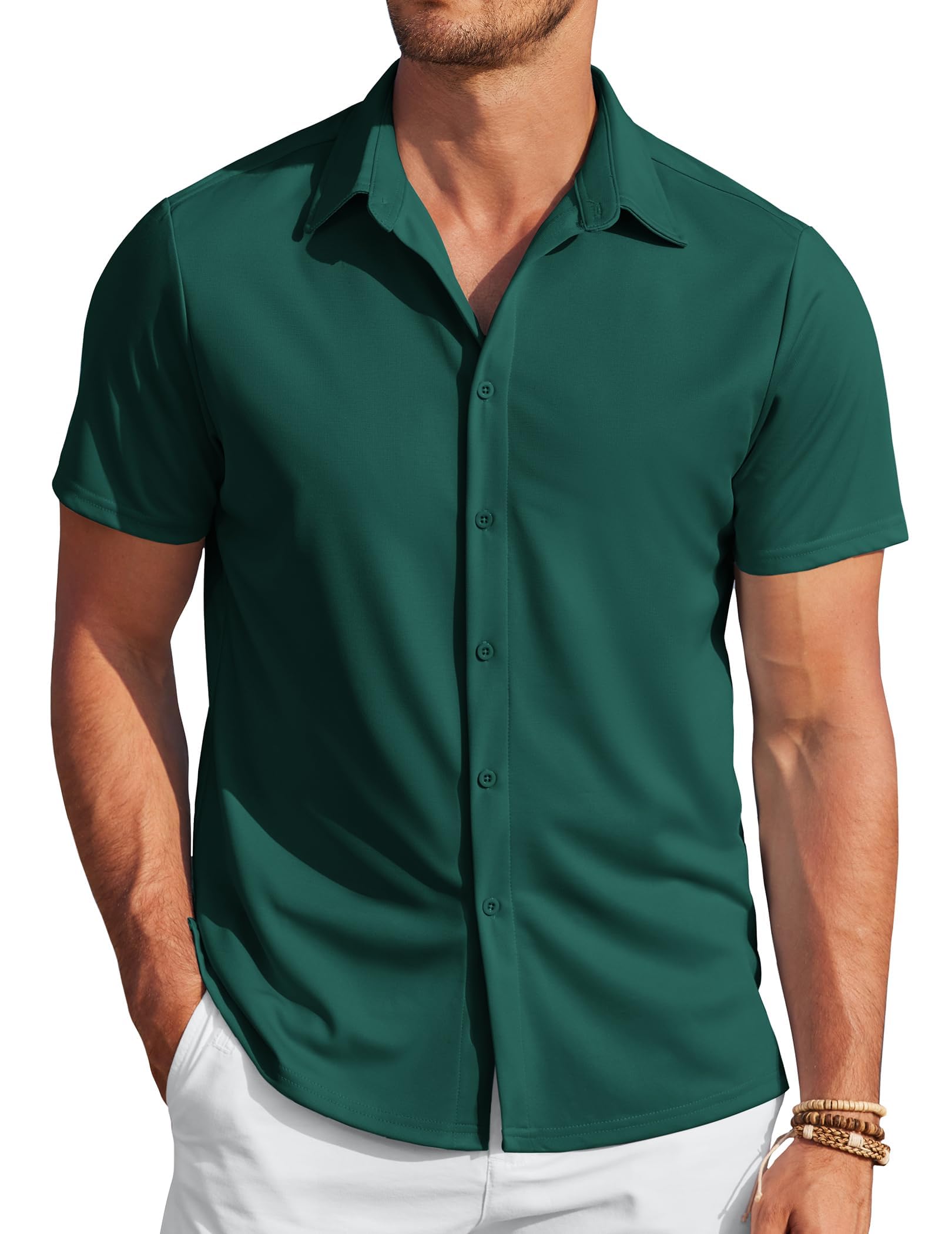 COOFANDY Mens Casual Wrinkle Free Shirts Short Sleeve Button Down Summer Stretch Dress Shirt X-Large Lake Green