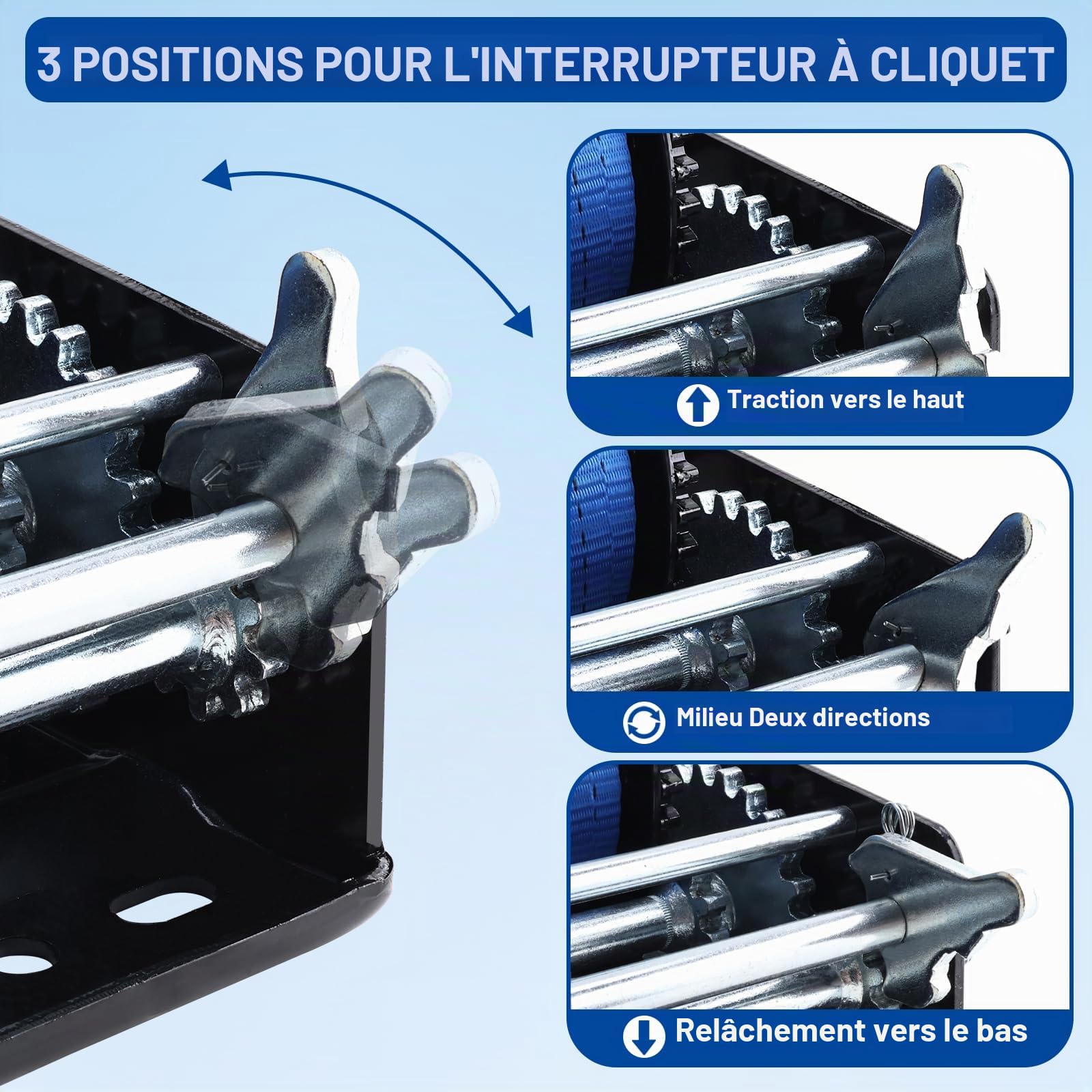 FreeTec 1587 kg de treuil manuel | 10 m de sangle de levage en polyester (50 mm) | Boîte de 2 vitesses pour bateaux et camions