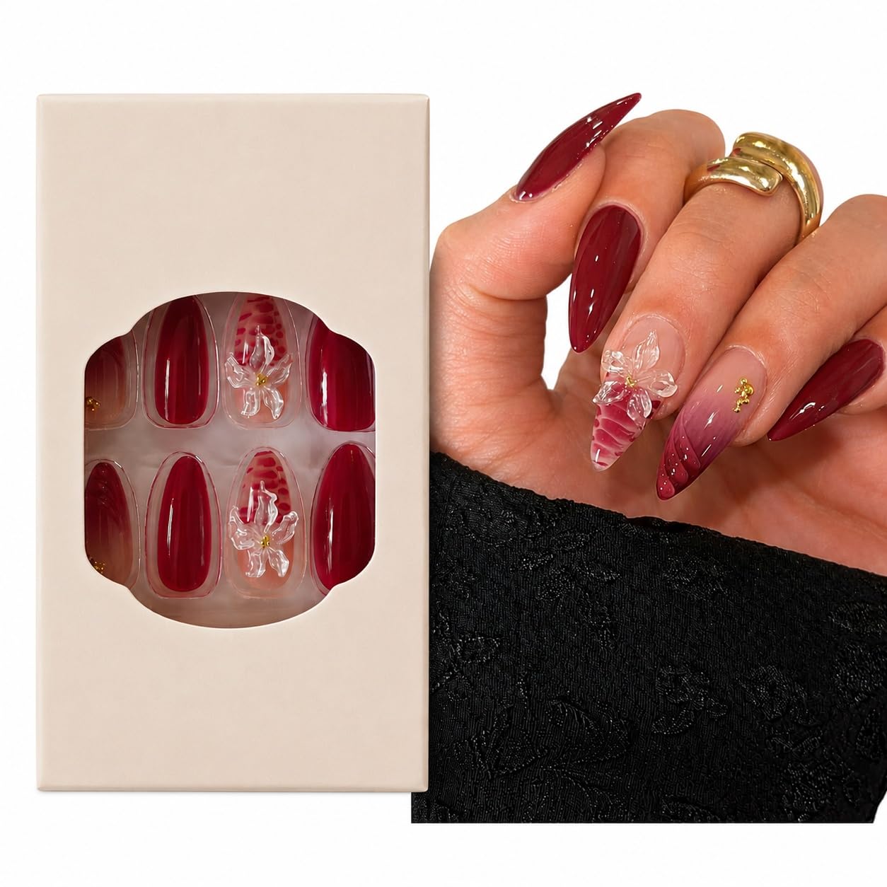 S.A.V.I Press on Nails Long Almond Burgundy 3D Flower 24 Pcs | Gloss Finish, Beads, Glue & Adhesive Tabs, Reusable DIY Full Cover Tips for Parties & Weddings-image-12