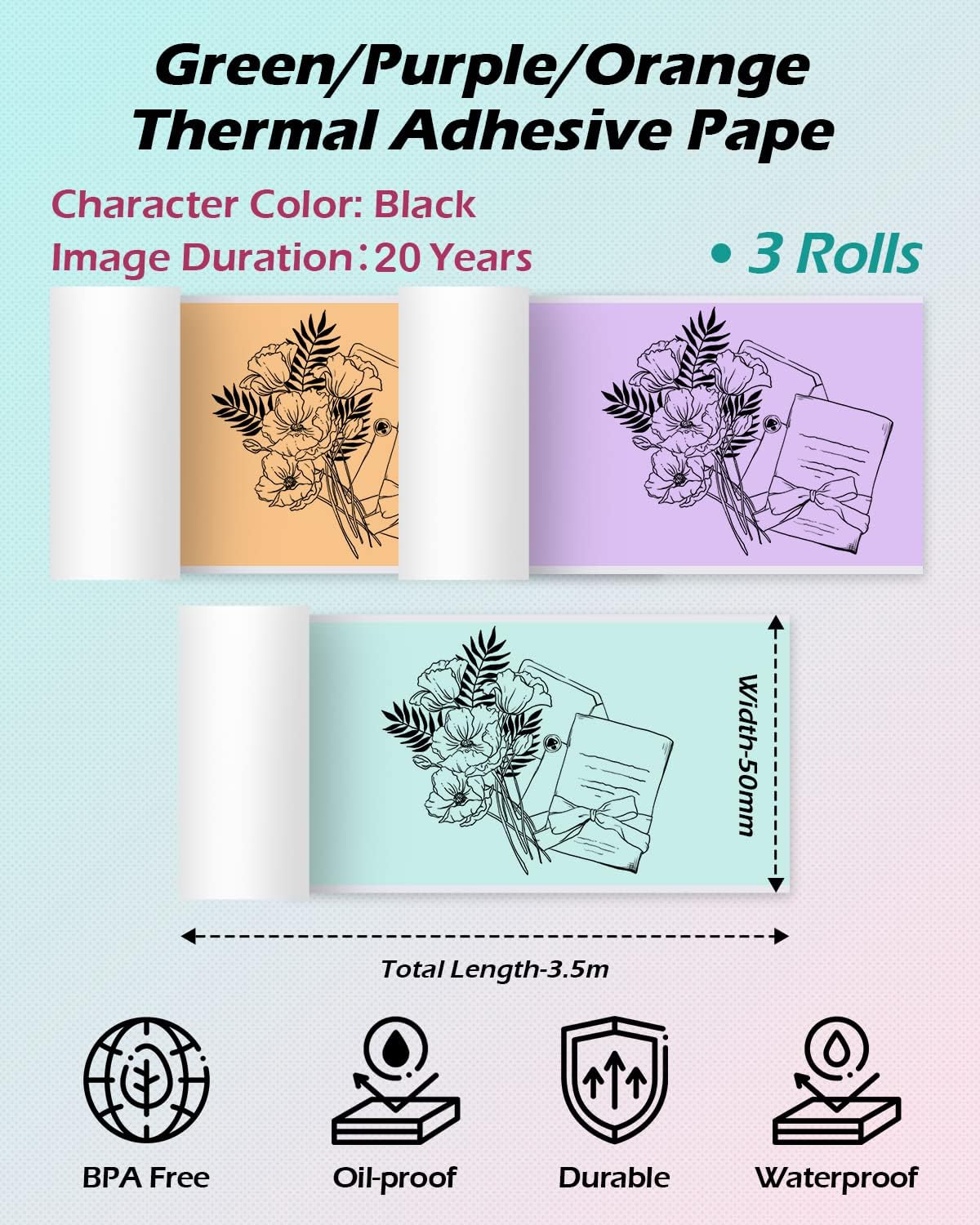 Phomemo Adhesive Thermal Sticker Paper for Phomemo M03/M03AS/M04S/M04AS Wireless Pocket Printer, Black on Green/Purple/Orange, 77mm Width X 3.5m Length, 3 Rolls, Stored for 20 Years - Image 2