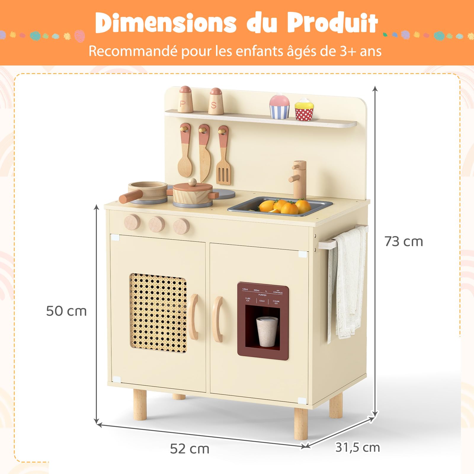 COSTWAY Cuisine Enfant en Bois avec Distributeur de Glace, 11 Accessoires, Jeu de Cuisine avec Cuisinière et Évier, Étagères et Armoire et Porte-Serviettes, Jeu d'Imitation pour 3 Ans+ (Jaune)