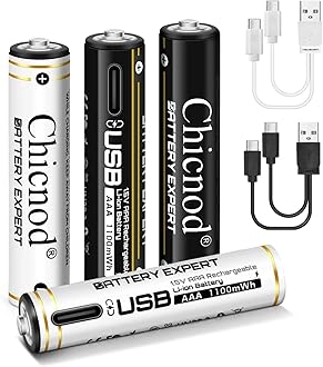 Rechargeable AAA Batteries Lithium 4-Pack, 1100mWh 1.5V Constant Output, Triple a Lithium Batteries Type-C Cable, 1000+ Cycles for Toys/Remote (2 Black + 2 White)