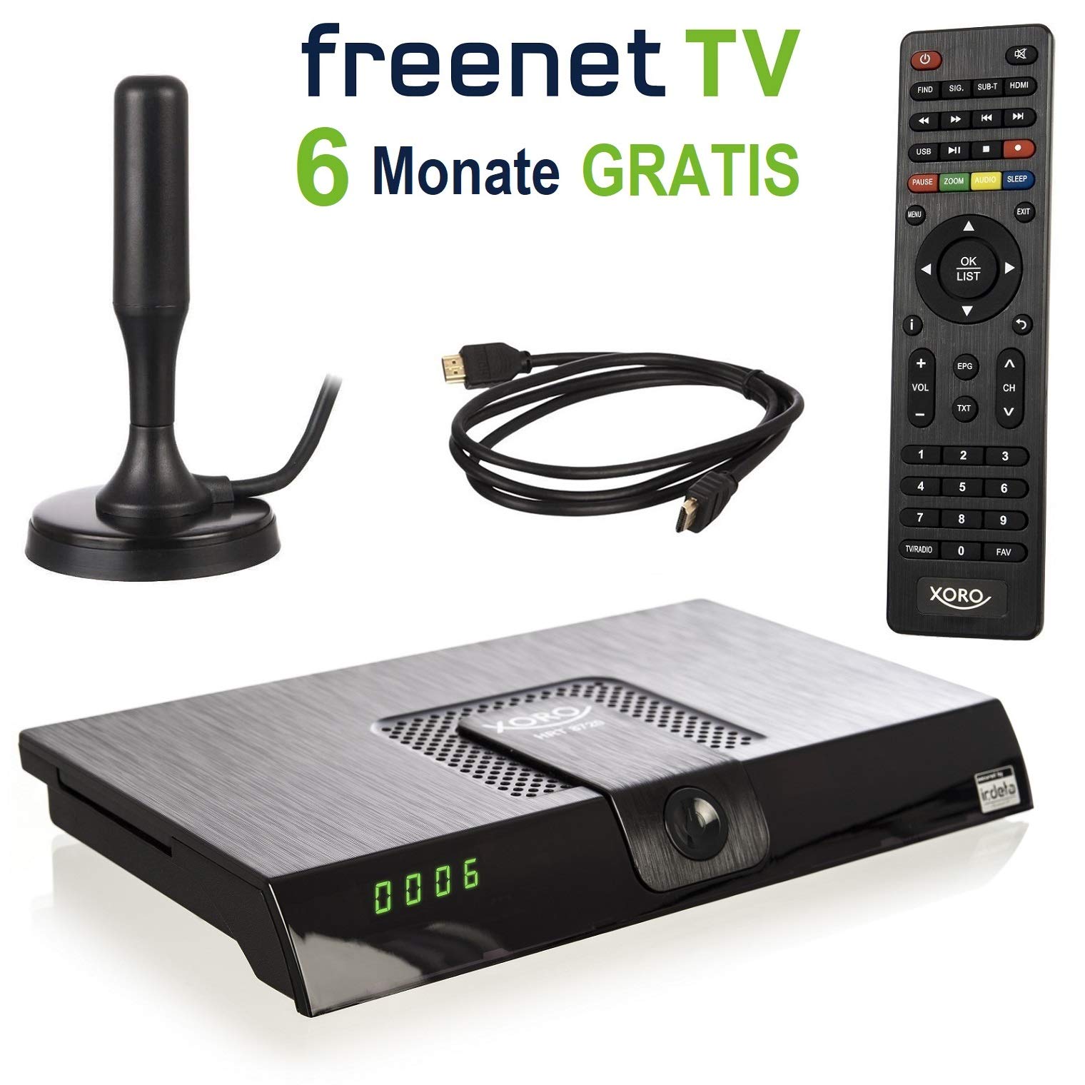 Xoro HRT 8720 KIT DVB-T2 Receiver (HDTV, 6 Monate freenet TV, PVR, aktive Zimmerantenne, 1,2m HDMI-Kabel) schwarz