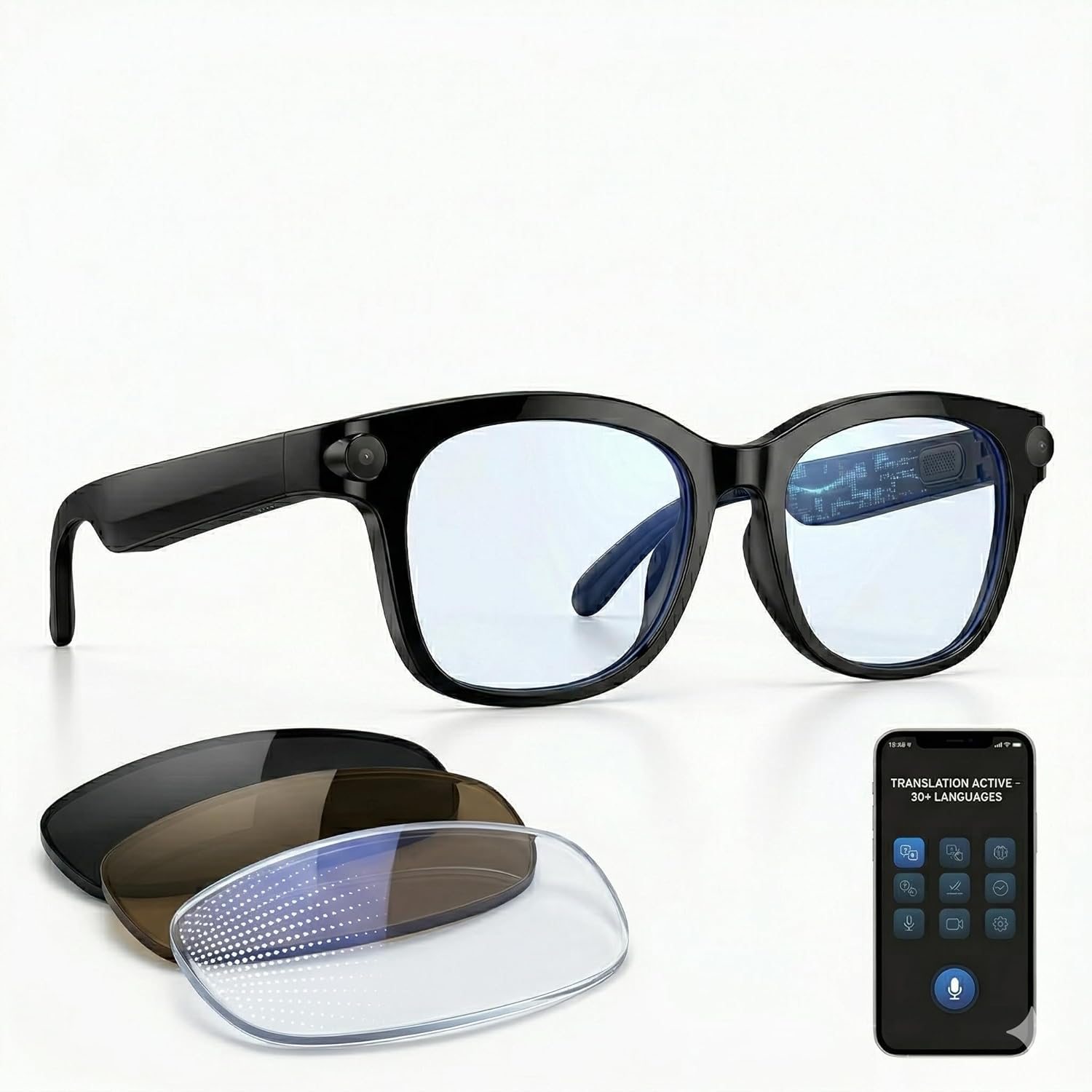 AI Smart Glasses with HD Dual Camera & Real-Time Translator – Active Noise Cancelling, Bluetooth 5.3 Calling, IPX5 Waterproof, 20-Hour Battery, Voice Assistant, 3 Interchangeable Lens Sets Included