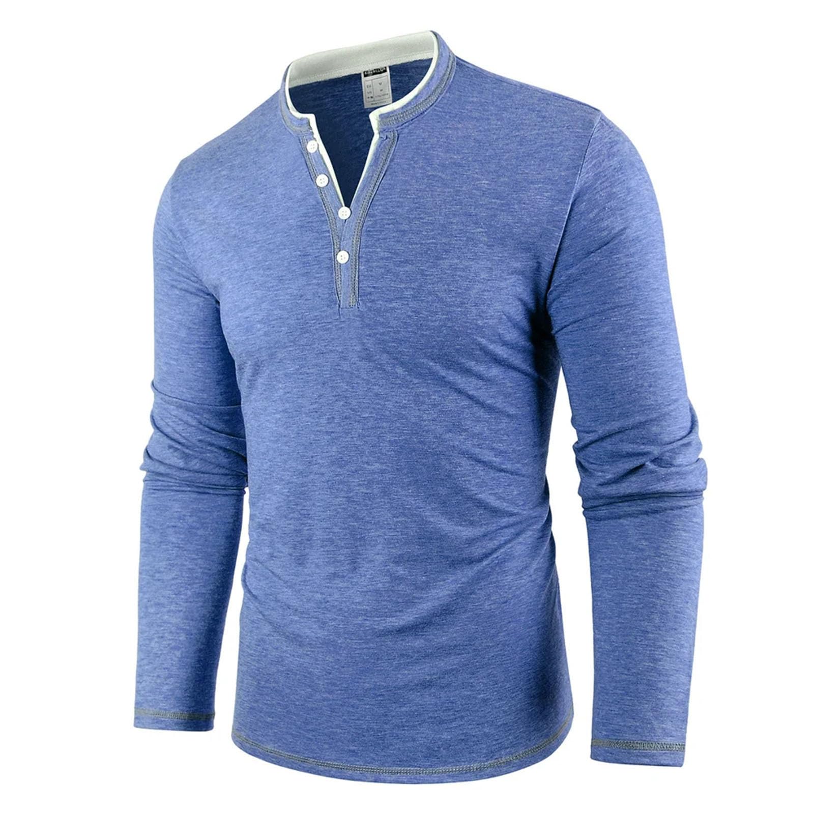 Maglietta da uomo a maniche lunghe, tinta unita, con bottoni, scollo a V, in morbido cotone elastico, traspirante, alla moda