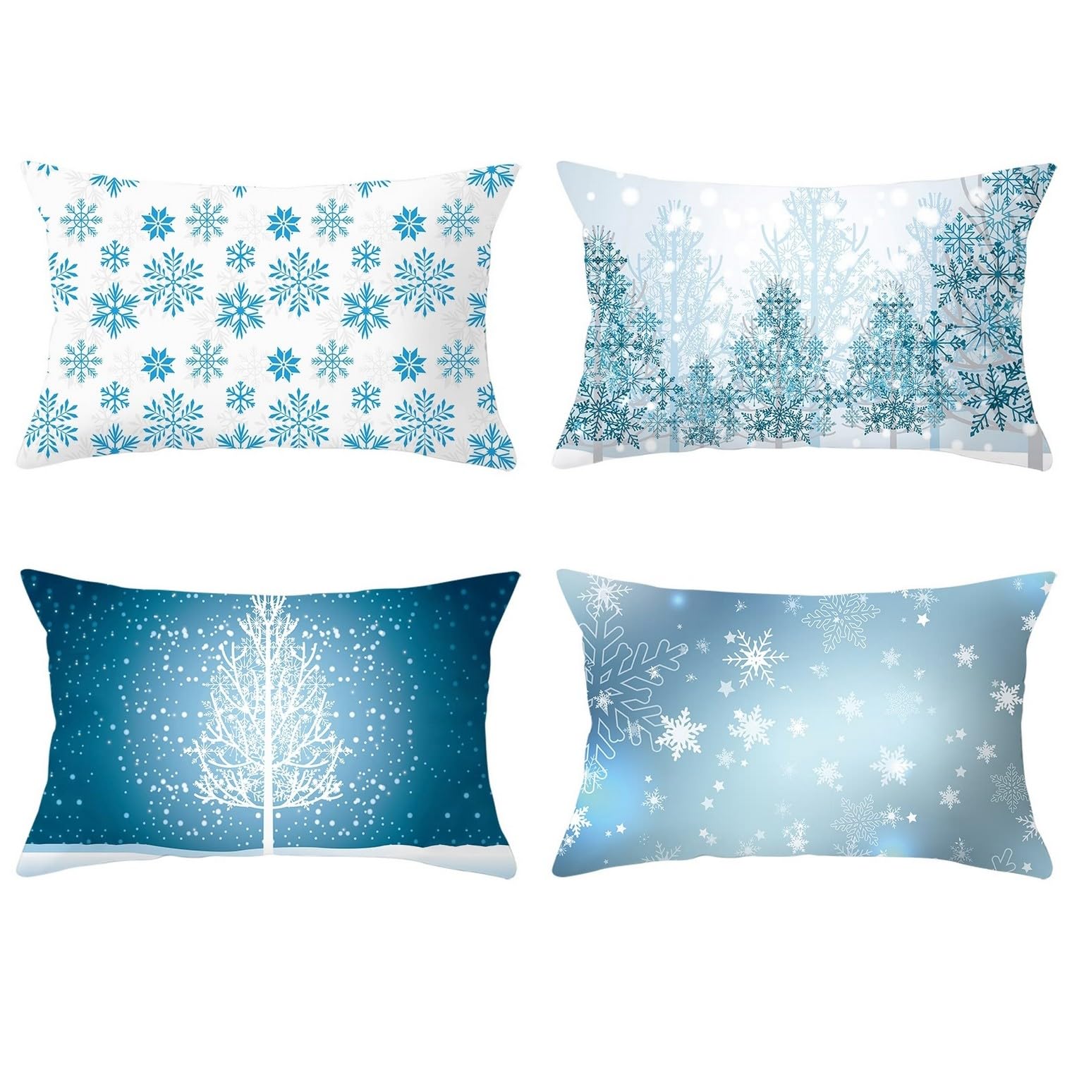 Soie housse de coussin 30x50 lot de 4 taie oreiller zippée bleu blanc arbre flocon noël