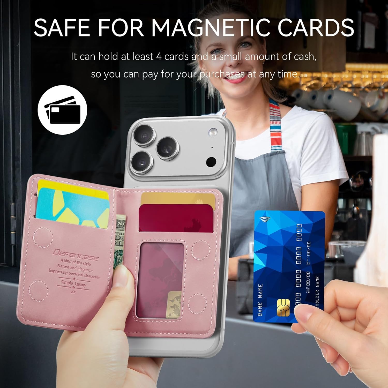 Defencase for Magsafe Wallet Magnetic Card Holder RFID Blocking, PU Leather Minimalist Phone Wallet for MagSafe Phones and Cases for iPhone 17/16/ 15/14/ 13/12/ Pro/Max/Plus/Air, Rose Pink - Image 5