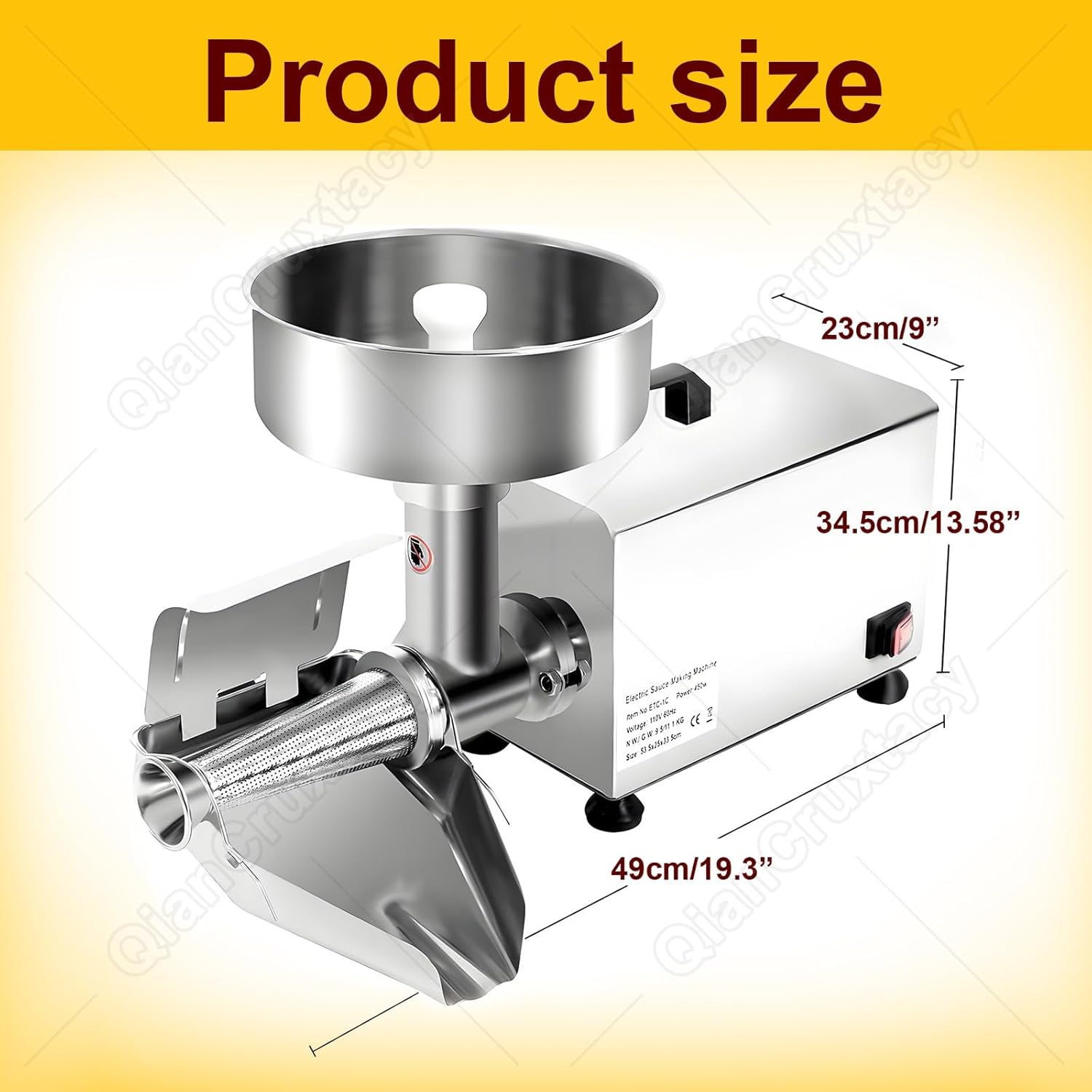 450W Commercial Electric Tomato Strainer & Sauce Maker, 304 Stainless Steel Body & Pure Copper Motor, H igh-Efficiency 90kg/h for Homemade Ketchup, Jam, Puree