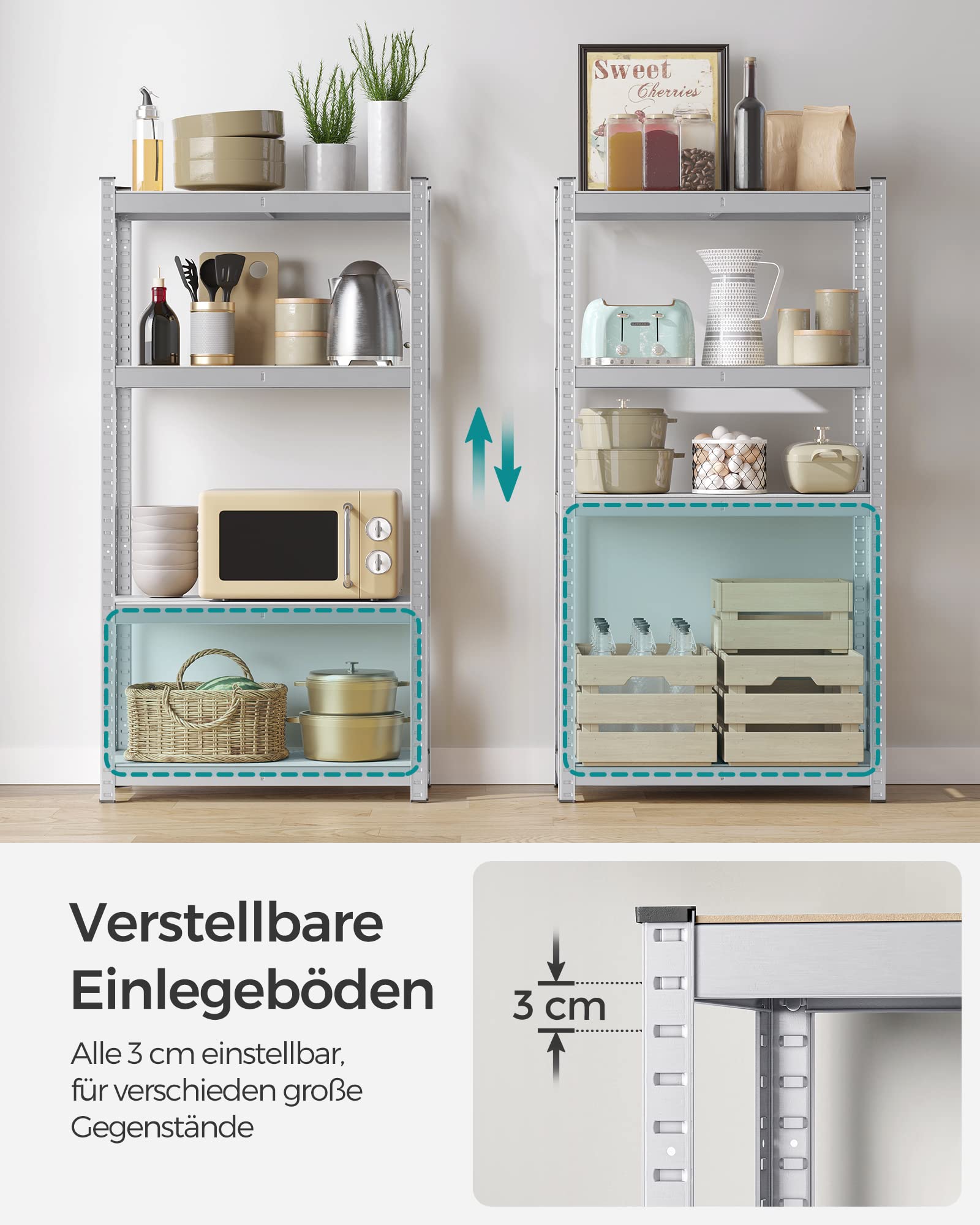 SONGMICS Schwerlastregal, 2er Set, Kellerregal, Lagerregal, 40 x 80 x 160 cm, Regal mit Stahlgestell, bis 520 kg belastbar, 4 verstellbare Ablagen, silbern GLR044E02