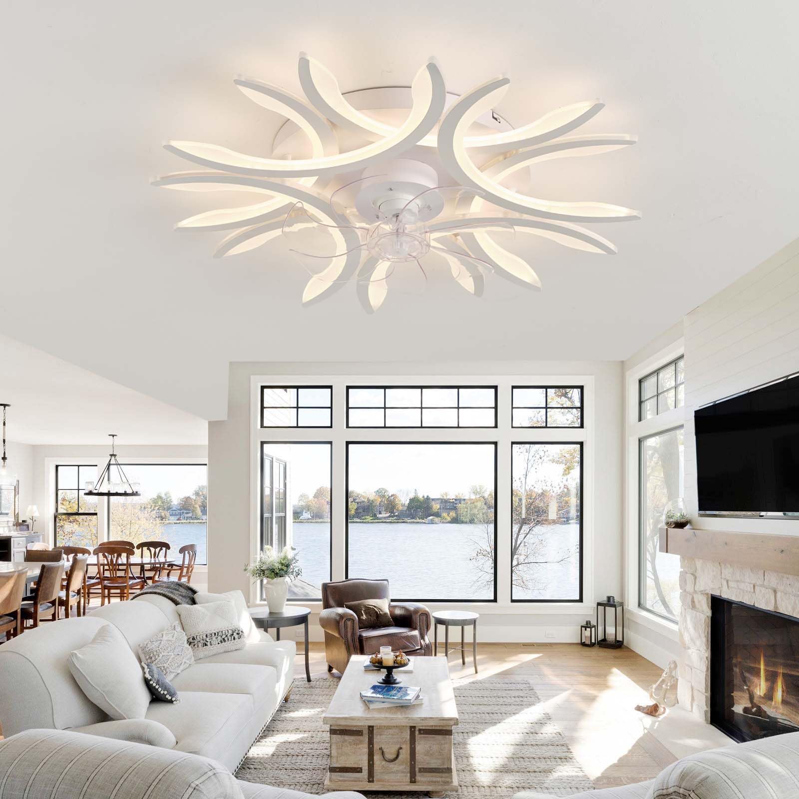 KVOYYIRA Flower Ceiling Fans with Lights Remote Control APP, Reversible 6 Speed Silent Fan Light, LED Dimmable Ceiling Light with Fan with Memory Function for Bedroom Lounge-White