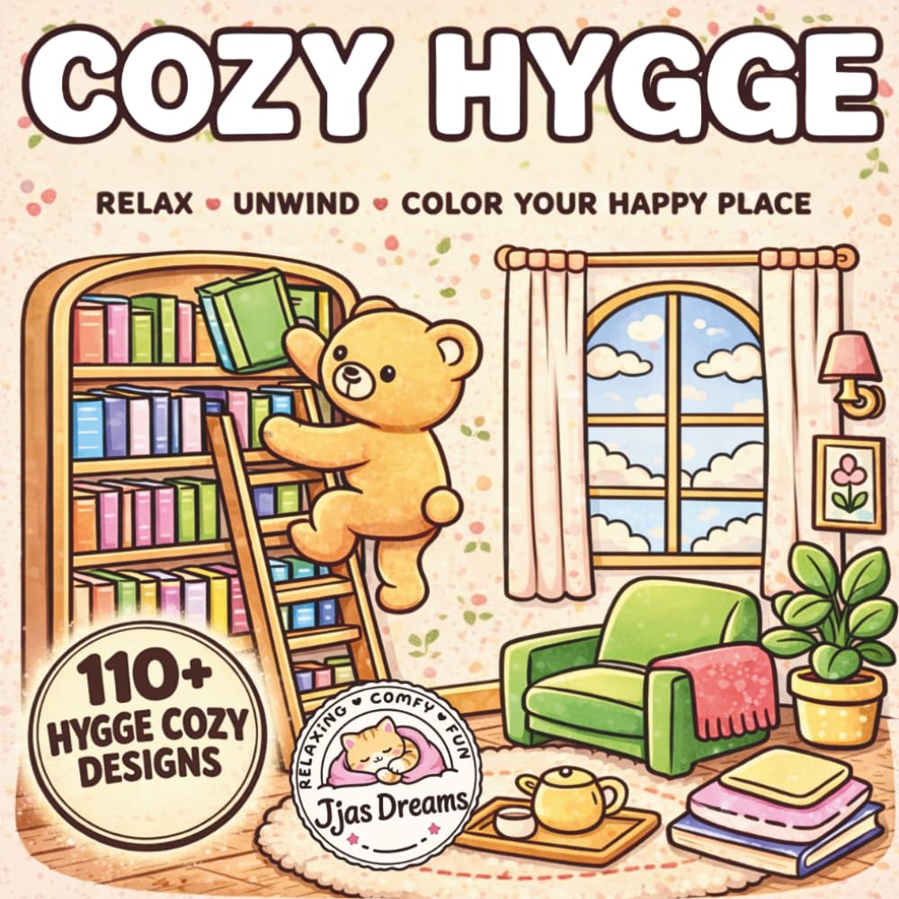 Cozy Hygge Coloring Book: Bold and Easy Simple Relaxing Coloring Book for Adults: Stress Relief and Mindfulness Art, Anxiety Relief, Cozy Indoor Home ... Home Scenes, Cute Animals, Calm Aesthetic,