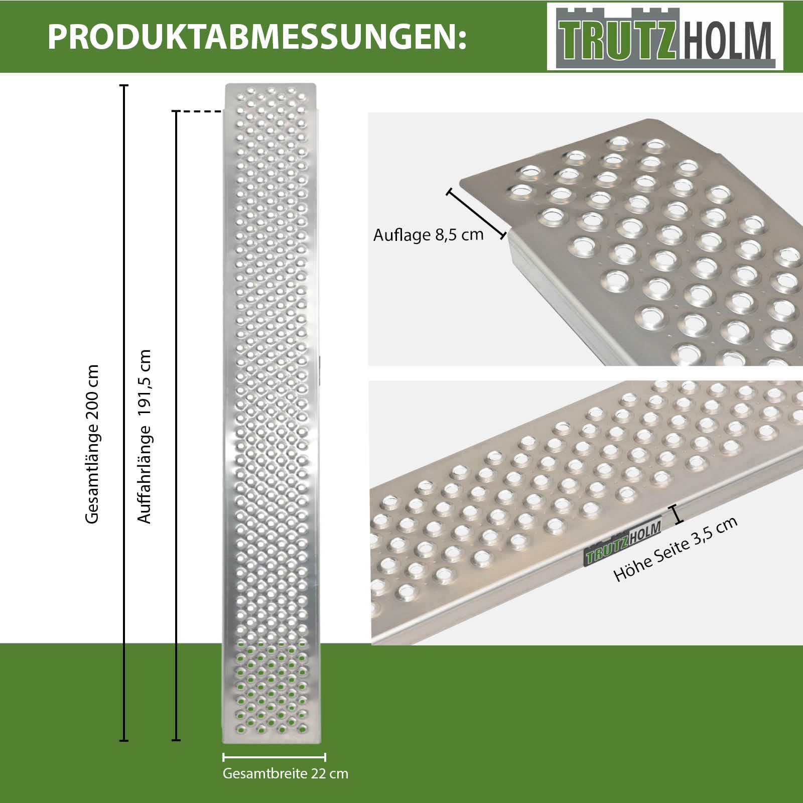 TRUTZHOLM Auffahrrampe Aluminium Länge 200 cm Auffahrbreite 22 cm Tragkraft 200 kg gelochte Lauffläche Rampe starr für Fahhrad E-Bike Motorradrampe für leichte Motorräder Mopeds Mofas Verladerampe