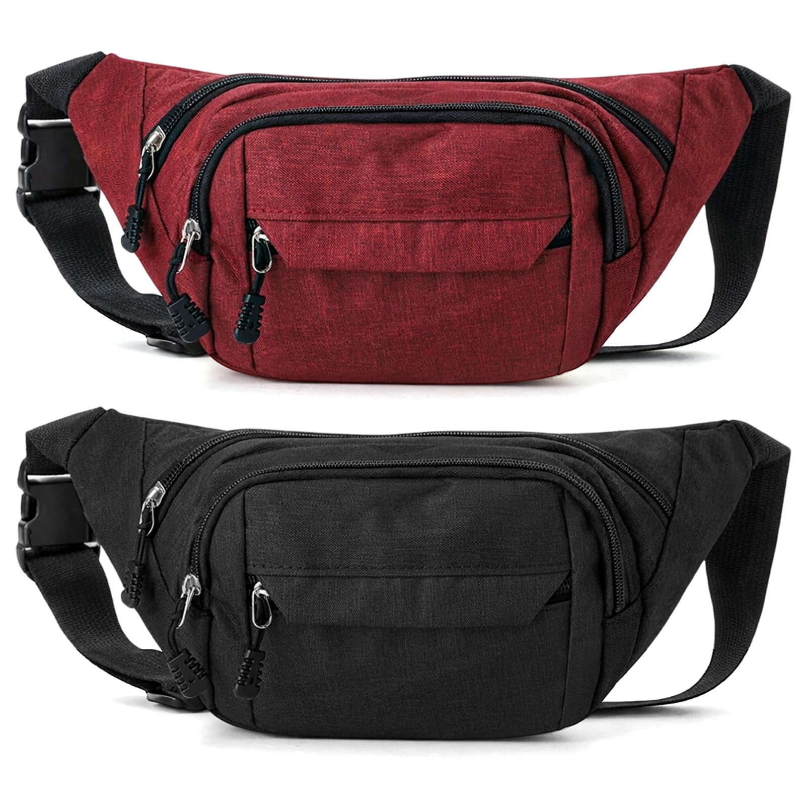 Meng Jiaran 2 Pack Bum Bag Bumbag for Men Women,Waterproof Waist Fanny Pack for Ladies, 4 Zip Pockets Adjustable Belt Cross Body Bumbags for Sport Running Walking Travel Cycling, Black, Red โ image 1