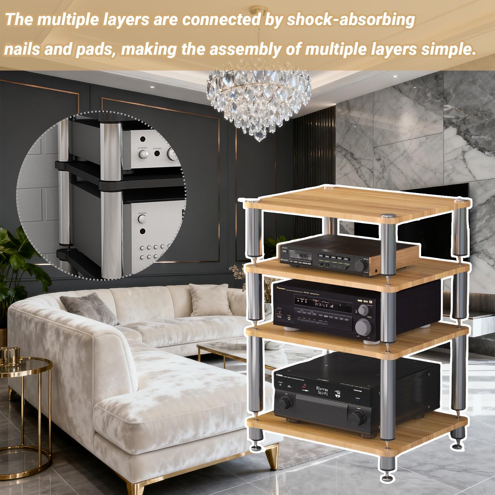Mobiletto AV HiFi A 3 Ripiani Ripiano In Legno Supporto Per Giradischi Mobile Stereo Sound Tower Rack Portaoggetti Per Console Multimediali(Teak color,Three-layer)