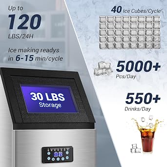 Commercial Ice Maker Machine 120LBS/24H with 30LBS Storage Bin, 15 Wide Undercounter/Freestanding Ice Maker Machine for Home Bar Outdoor, 40PCS Ice Cubes Ice Machine, Self Cleaning