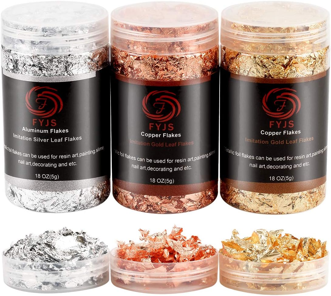 Gilding Flakes for Resin,Gold Metallic Foil Flakes Set for Resin Molds,Painting Arts,Nails,Crafts,Slime,Resin Jewelry Coaster Making DIY(Gold, Silver, Copper Colors)- 15 Grams