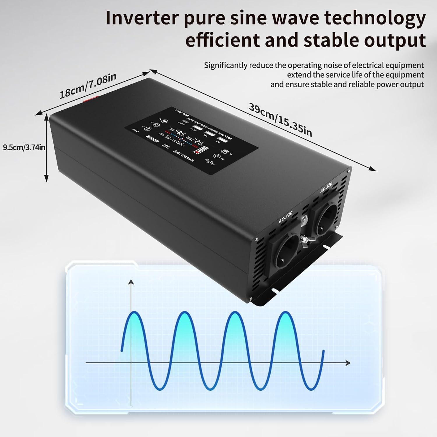 Diagram showing the dimensions of the DATOUBOSS 2000W inverter (39cm L x 18cm W x 9.5cm H) and a pure sine wave output graph, highlighting efficient and stable output.