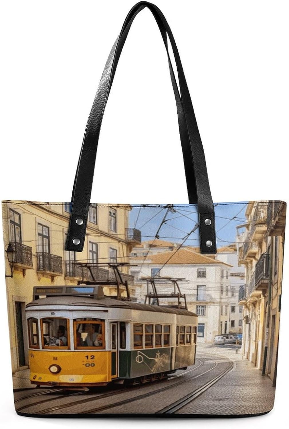 Lisbon Tram Tote Bag for Women Top Handle Large Size Satchel Purse Ladies Chic Shoulder Bag Aesthetic Leather Shoulder Handbag for Work Travel Cute Casual Message Bags
