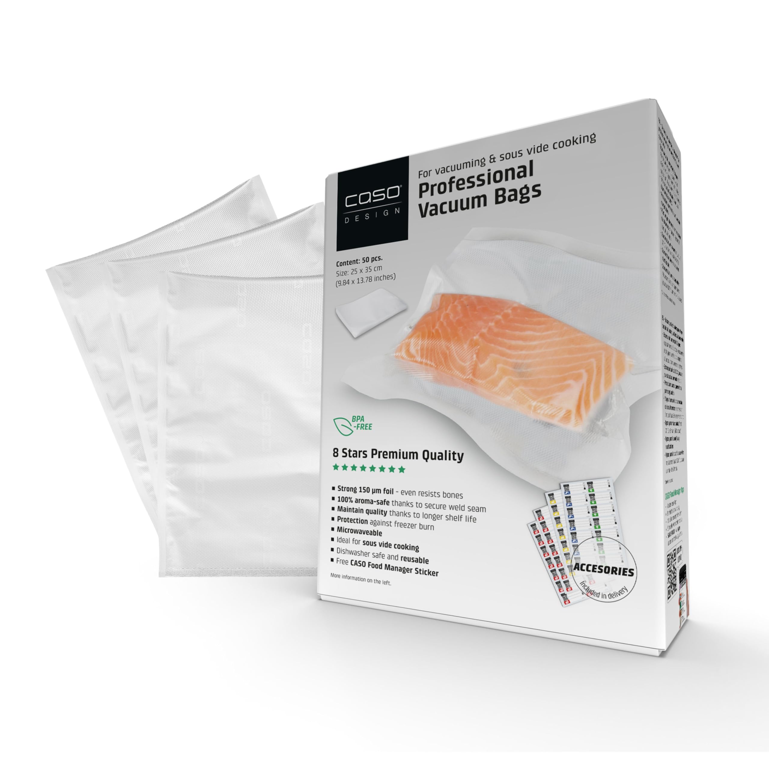 CASO Professional Foil Bags 25 x 35 cm / 50 Bags for All Vacuum Sealers, BPA-Free, Very Strong and Tear-Resistant Approx. 150 µm, Aroma-Proof, Boil-Proof, Sous Vide, Reusable, Includes Food Manager