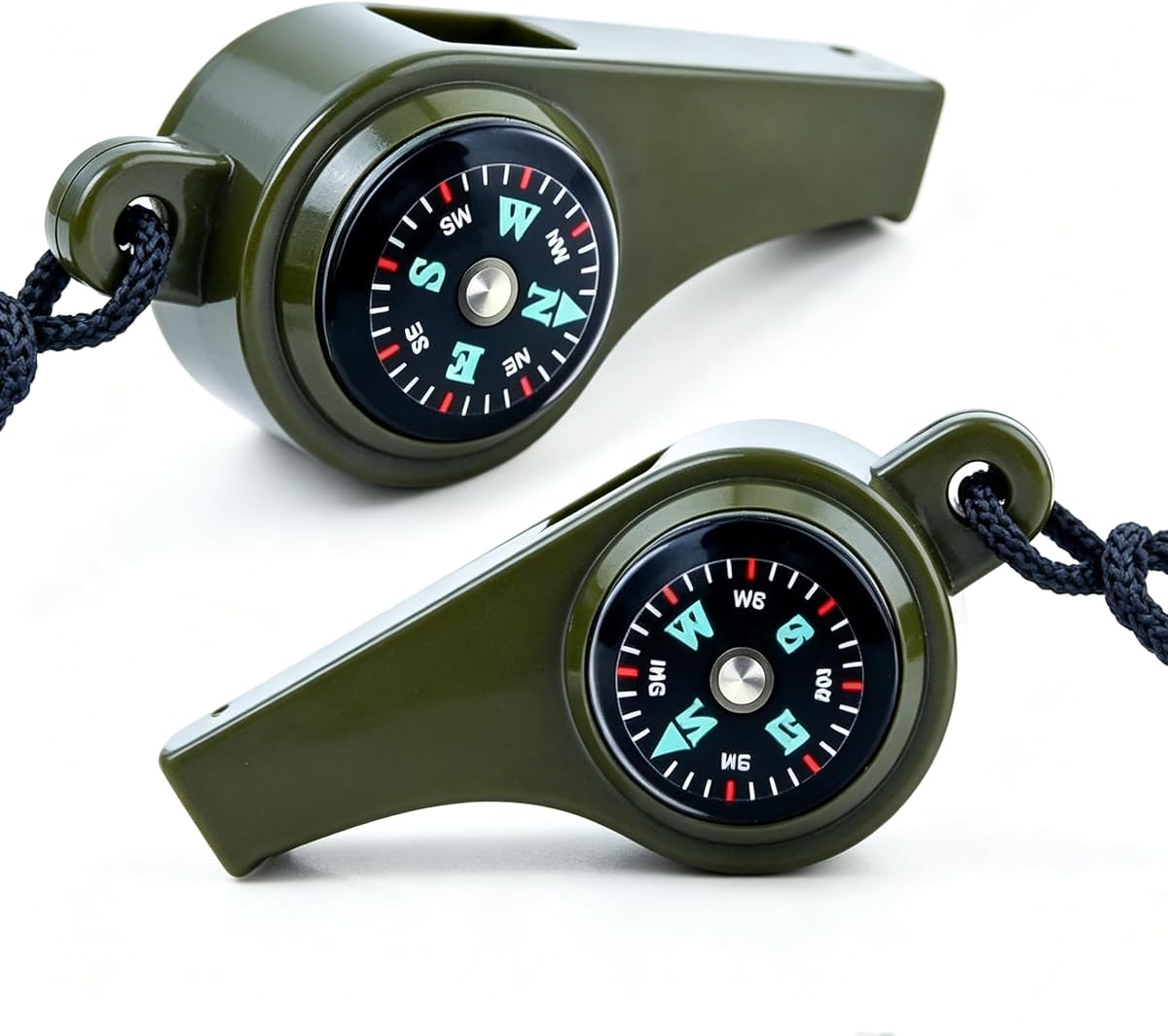 Silbato de supervivencia de emergencia genérico 2 en 1 con brújula, verde militar | Paquete de 2
