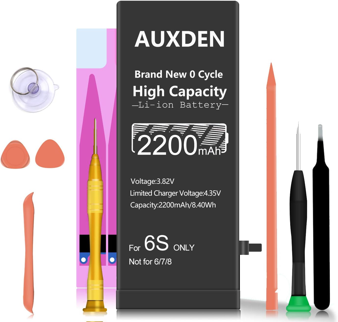 Auxden 2200mAh Battery for iPhone 6S, High Capacity Replacement Battery with 0 Cycle, Complete Repair Tool Kits and Adhesive Strips Provided - 24-Month Warranty
