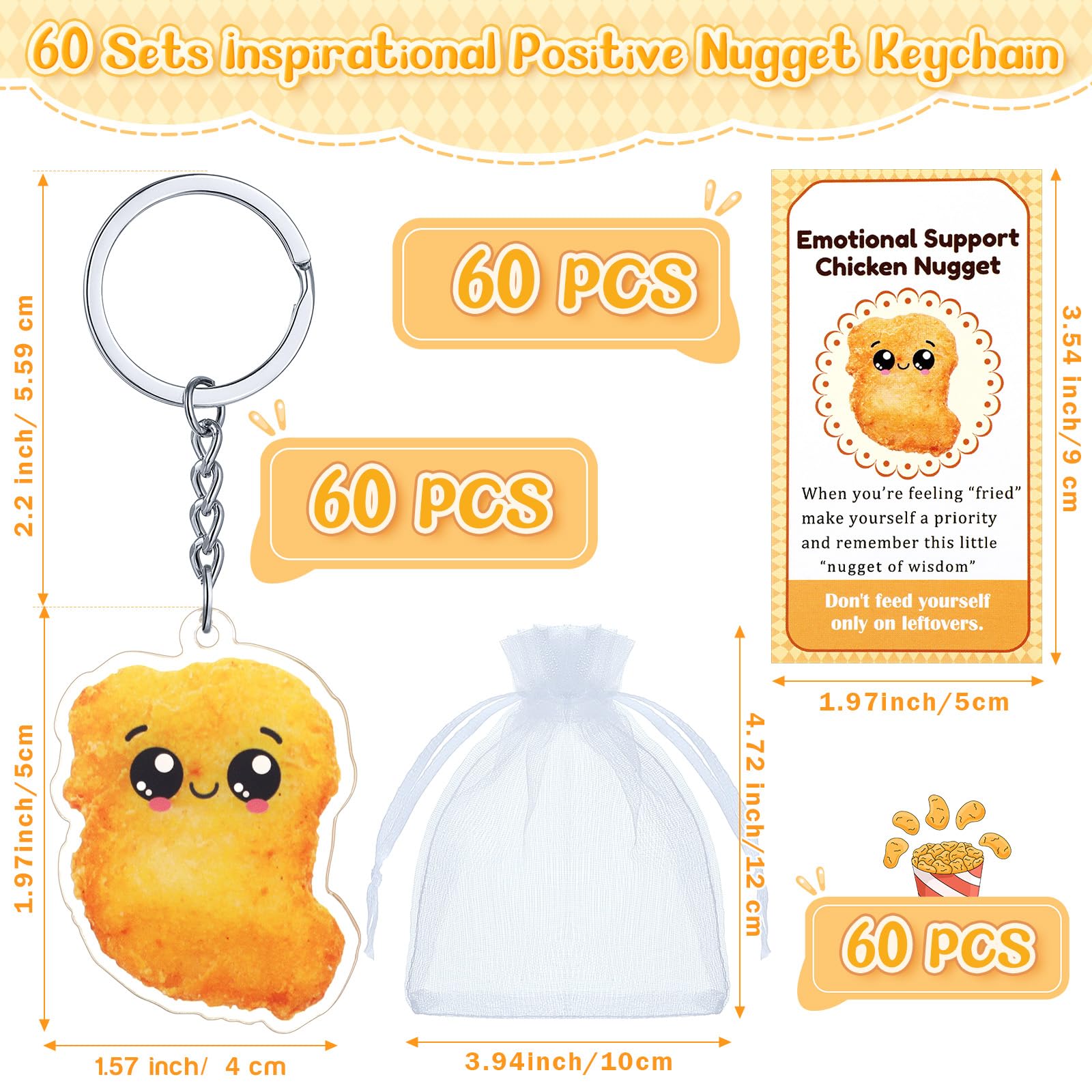 Tondiamo 60 Sets Emotional Support Chicken Nugget Bulk Positive Nugget Keychain with Inspirational Cards for Coworkers Employee