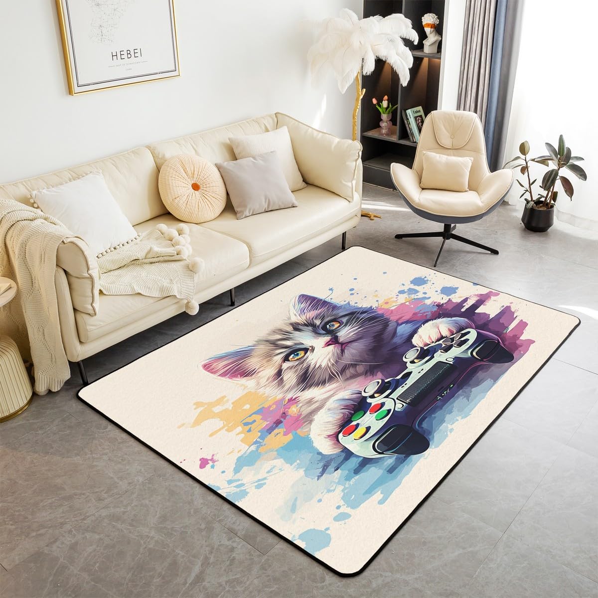 Loussiesd Dywan do salonu dla graczy, 100 x 150 cm, gamingowy dywan akcentujący dla chłopców, dziewcząt, nastolatków, nowoczesny kontroler konsoli do gier, mata podłogowa, joystick, beżowa, fioletowa,
