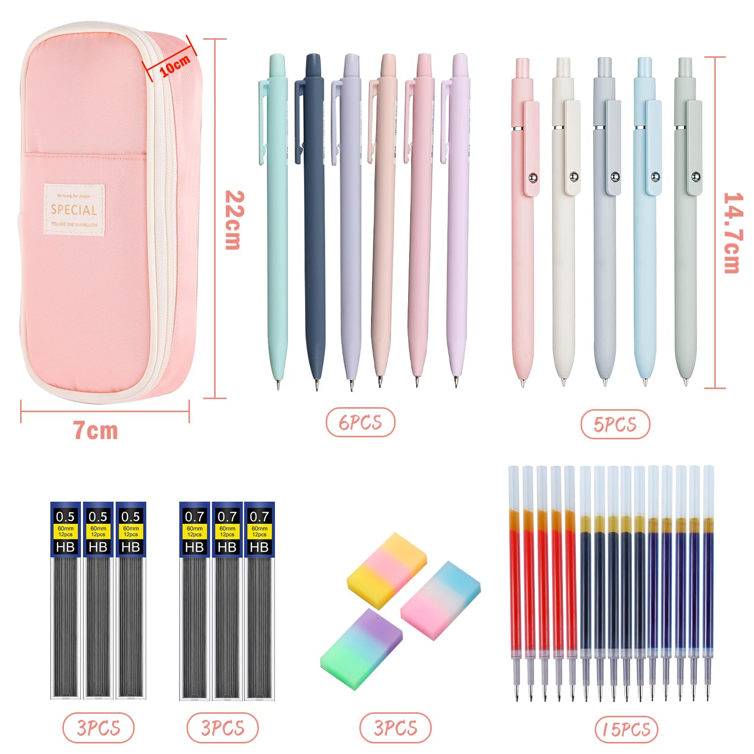 36 Pièces Fourniture Scolaire avec Trousse, 5 Stylos Bille Rétractable, 6 Porte Mine, 3 Gomme pour Fourniture Scolaire Aesthetic, Ecrire, Dessiner