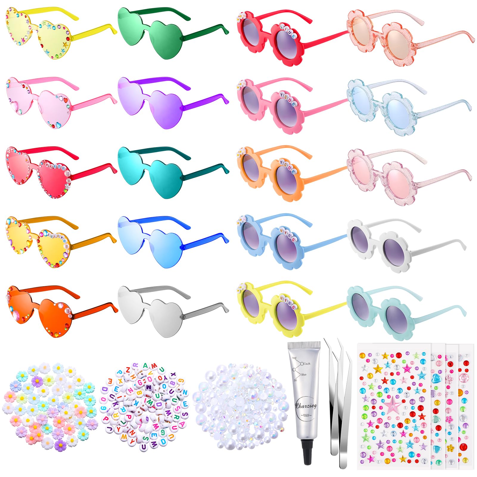 GGSTDDUP 20 Pairs DIY Heart Round Flower Sunglasses with Letter Beads,Daisy Pearl Charms,Glue Stick,2 Pcs Tweezers and 4 Pcs Stickers for Kid Girls Party Favors