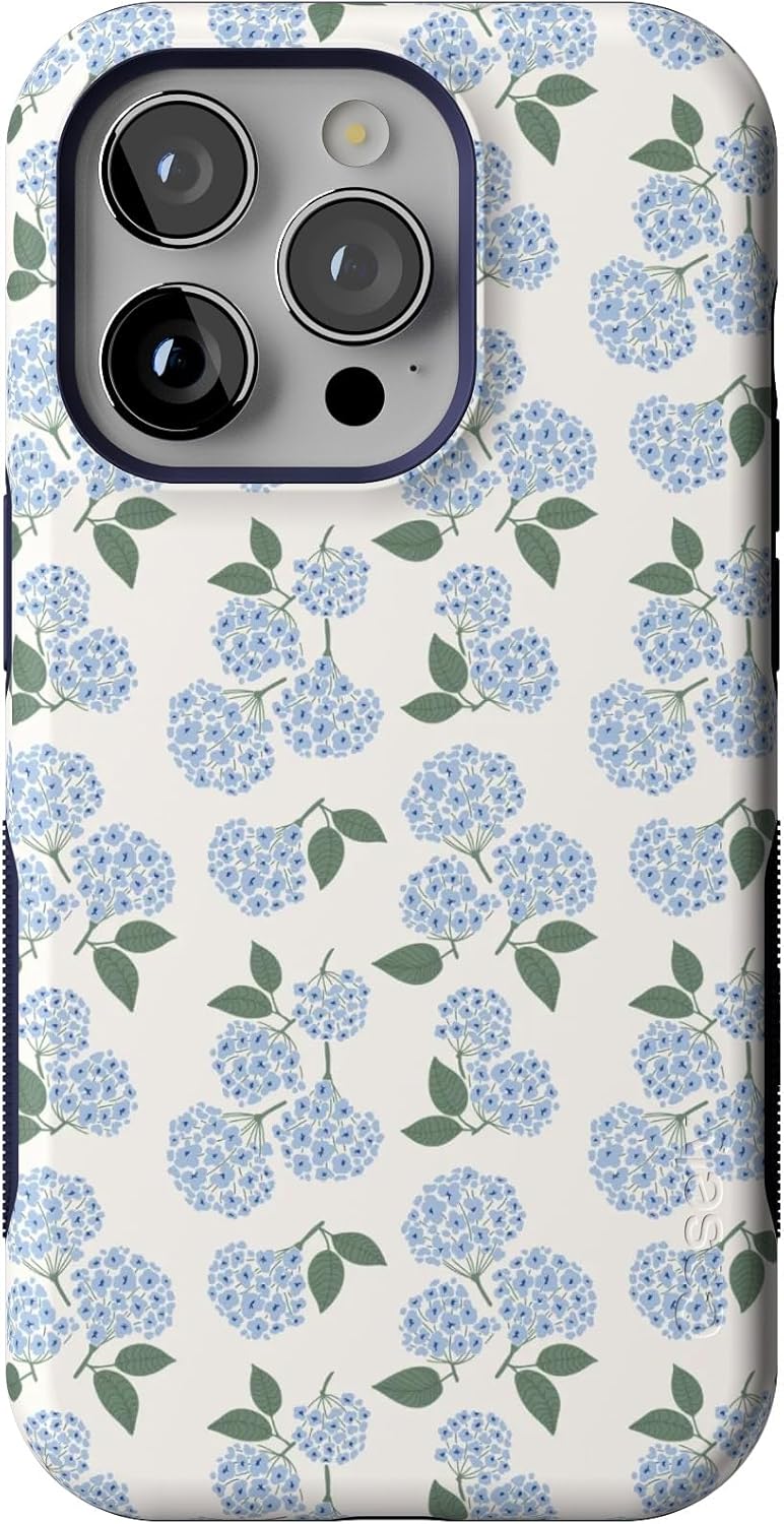 Casely iPhone 14 Pro Case | Nantucket Cottage | Blue Hydrangea | Bold Protective Design | Compatible with MagSafe