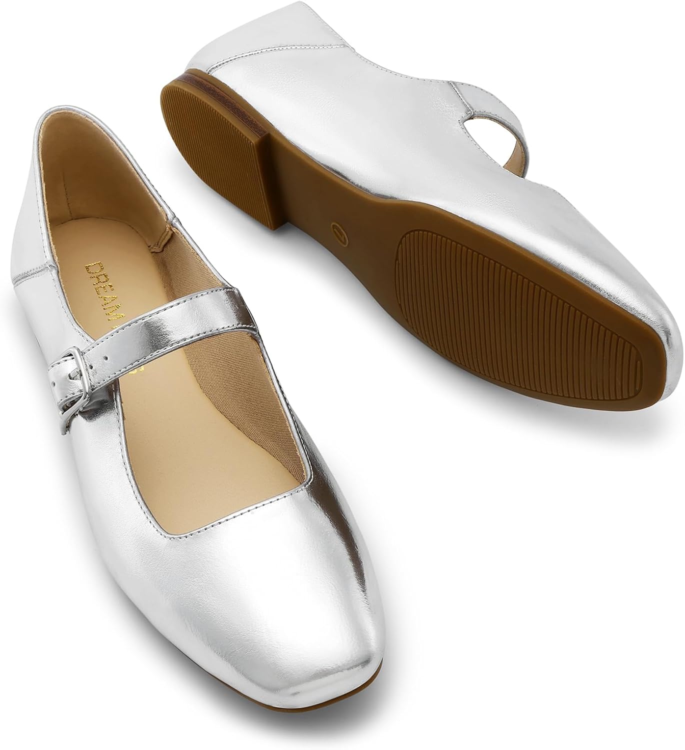 DREAM PAIRS Women's Silver Square Toe Mary Jane Flats: Comfortable Casual Slip On Dress Shoes with Buckle Strap for Women's Daily Wear - Image 3