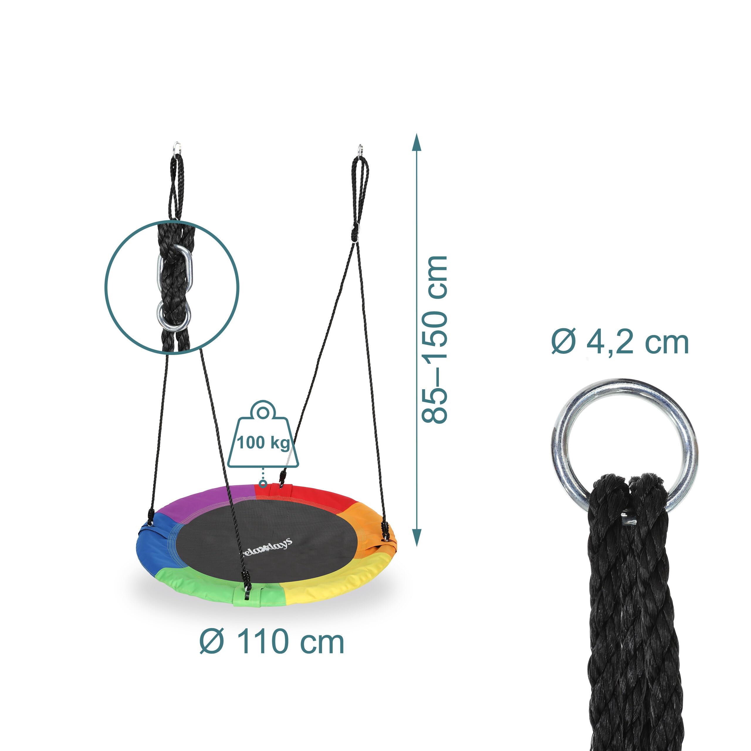 Relaxdays Balançoire nid d'oiseau Ronde, Ø 110 cm, à Suspendre, 100 kg, Multicolore, Enfant Adulte Jardin extérieur
