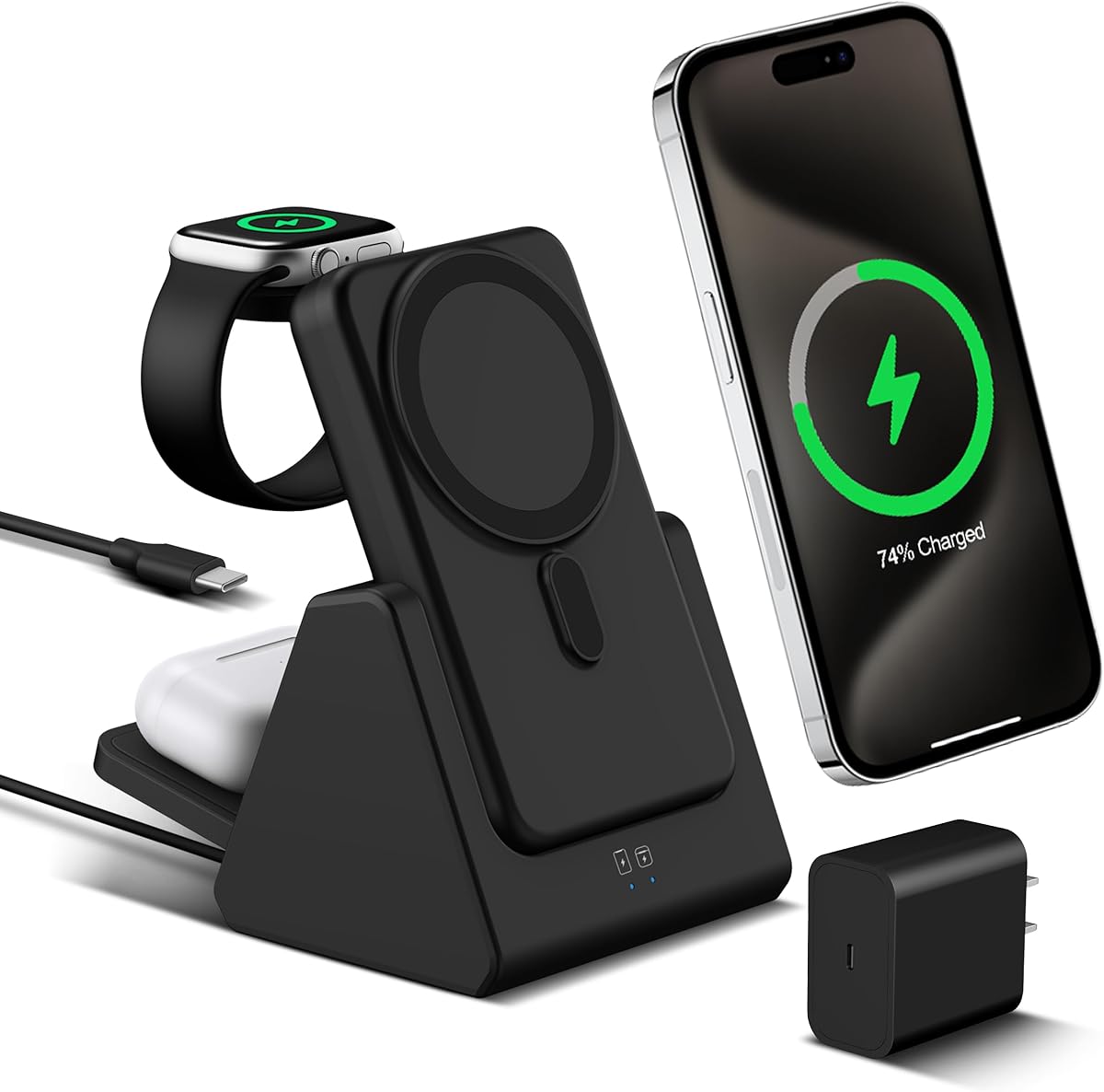 Smtcsl 3-in-1 Wireless Charging Station: Portable 10000mAh Power Bank Charger Compatible for Phone Air/17/16/15/14/13/12 Series and Watch - Detachable Magnetic Charging Stand Black