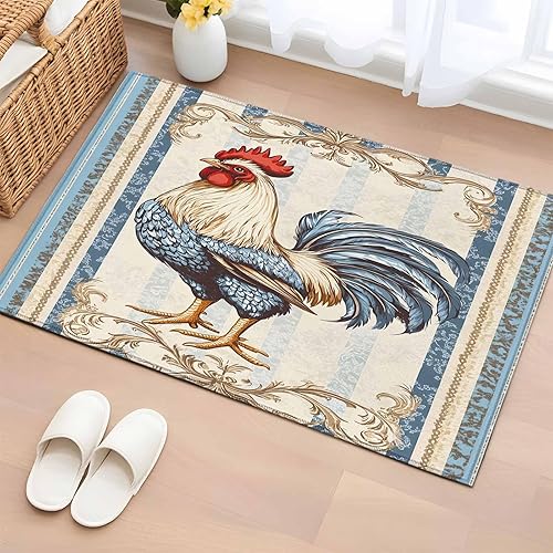 Miniatura 10 de 7ft Round Rug, Retro Rooster Non-Skid Rubber Backing Large Area Rugs - Living Room Bedroom Home Office, Striped Farmhouse Watercolor Animals Indoor