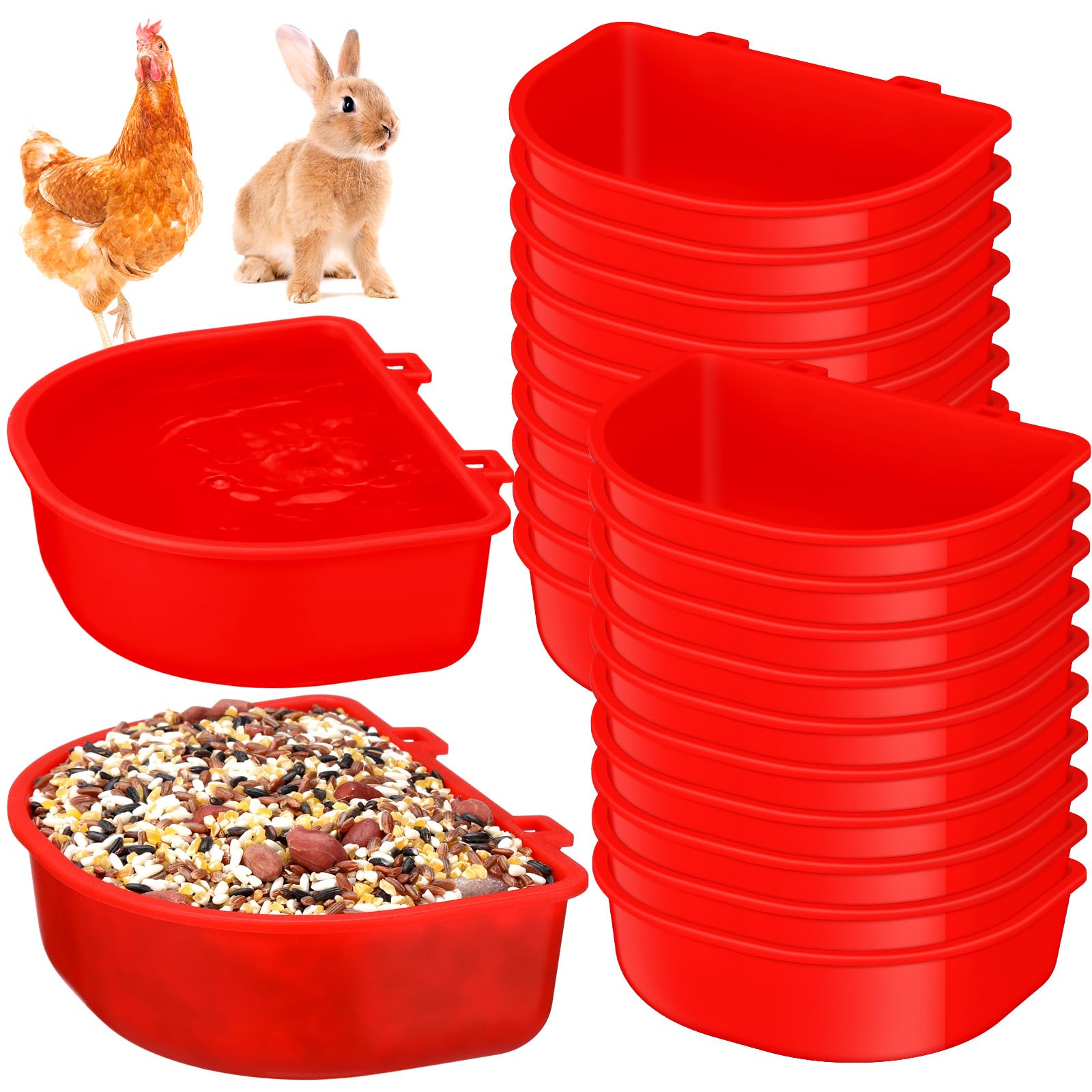 20 Pieces Chicken Feeder Waterer Cage Cups 16 oz Birds Feeders Hanging Bunny Cage Feeder Plastic Coop Water Bowl for PET Parrot Pigeon Rooster Gamefowl Wire Cage (Red)