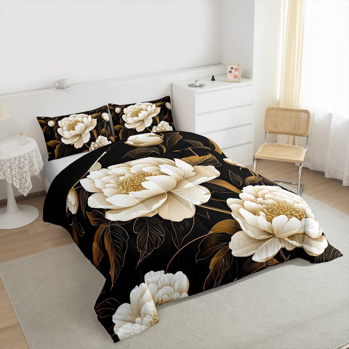Erosebridal Peony Queen Comforter Set Botanical Floral Bedding Set Vintage Flowers Bed Set Garden Plants Blossom Quilt Set