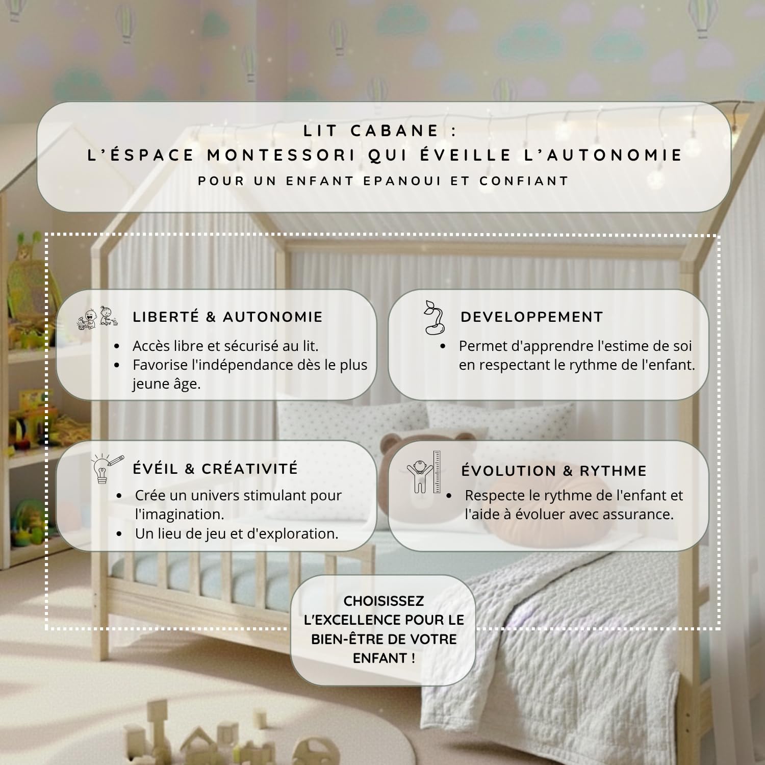 Lit Cabane Enfant 90x190 en Bois Massif - Maison Montessori avec Barreaux de Sécurité - Sommier à Lattes Renforcées Inclus - Lit Junior Unisexe - Matelas Non Inclus
