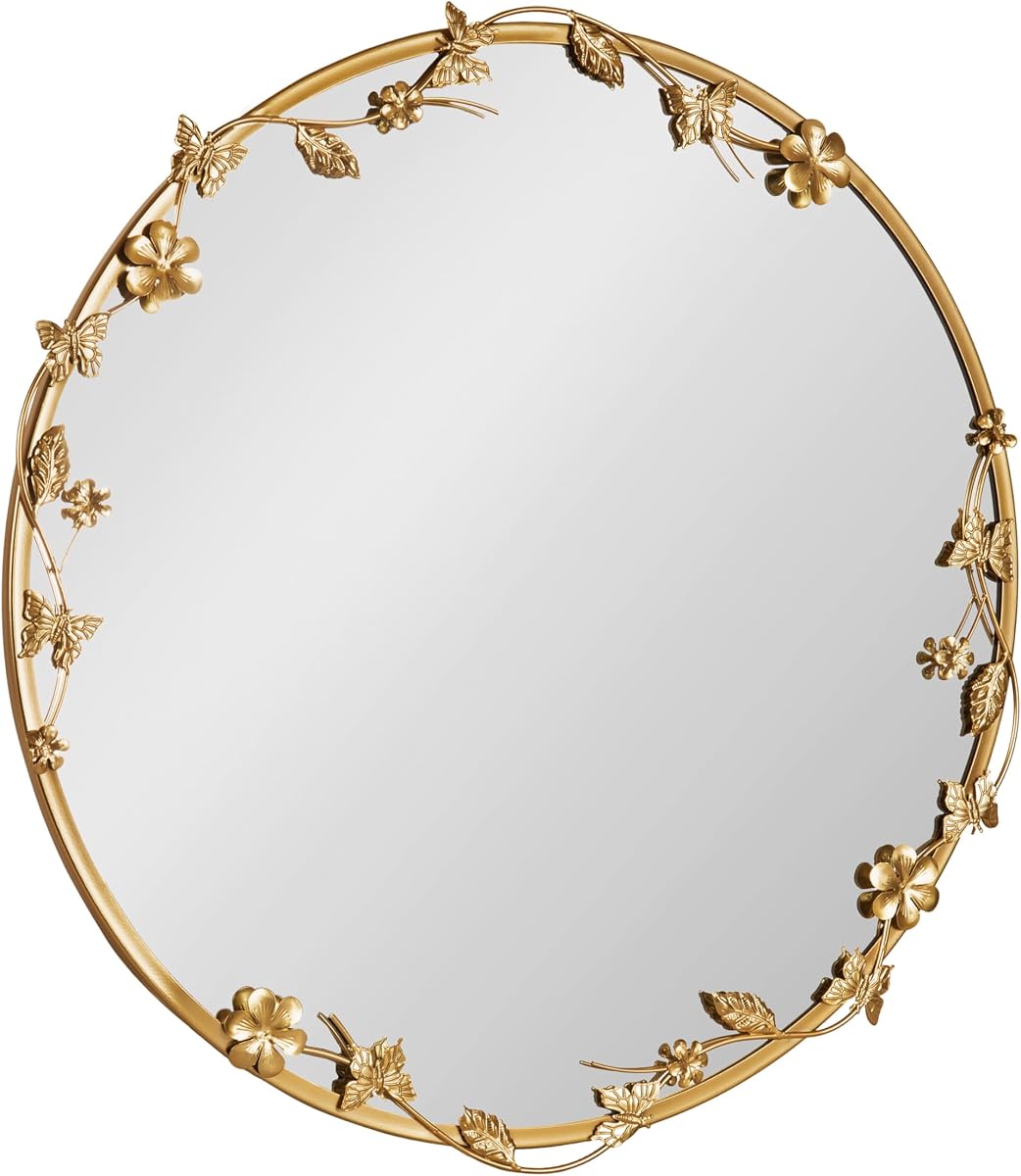 Kate and Laurel Rosella Espejo de pared redondo moderno adornado, 26 pulgadas de diámetro, dorado, espejo circular con detalles florales para usar como espejo de baño para encima del fregadero o decoración linda de dormitorio