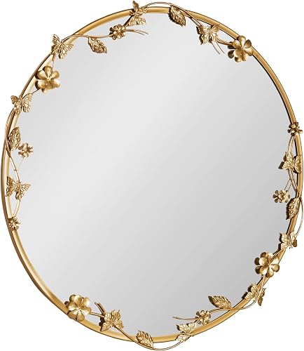 Kate and Laurel Rosella 25.25 Inch Round Gold Ornate Wall Mirror, Floral Circle Mirror for Bathroom
