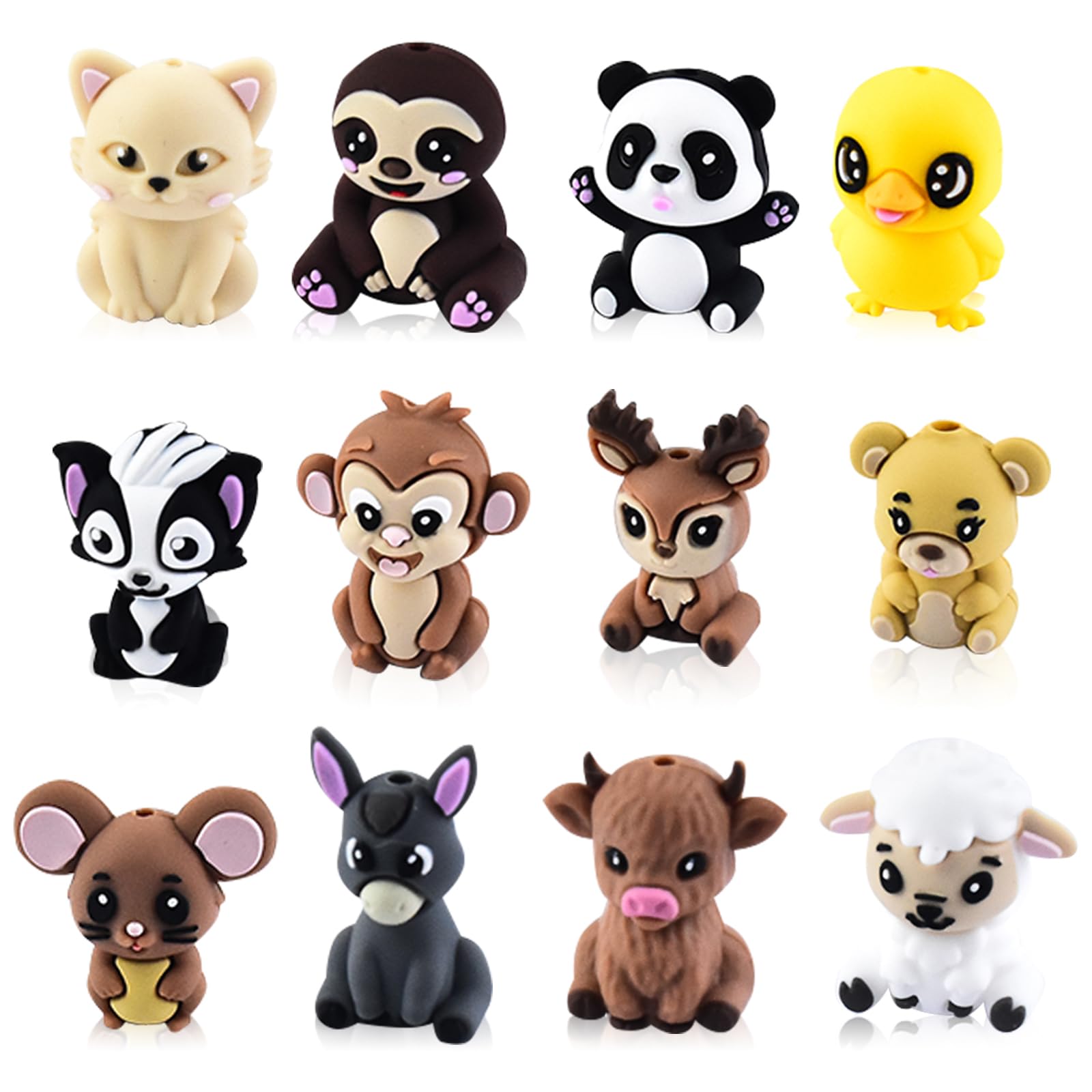 WOZADU 12 PCS 3D Animal Theme Silicone Focal Beads for Pens，Focal Beads Bulk for Keychain Bracelet Necklace Making，Handmade Crafts Supplies