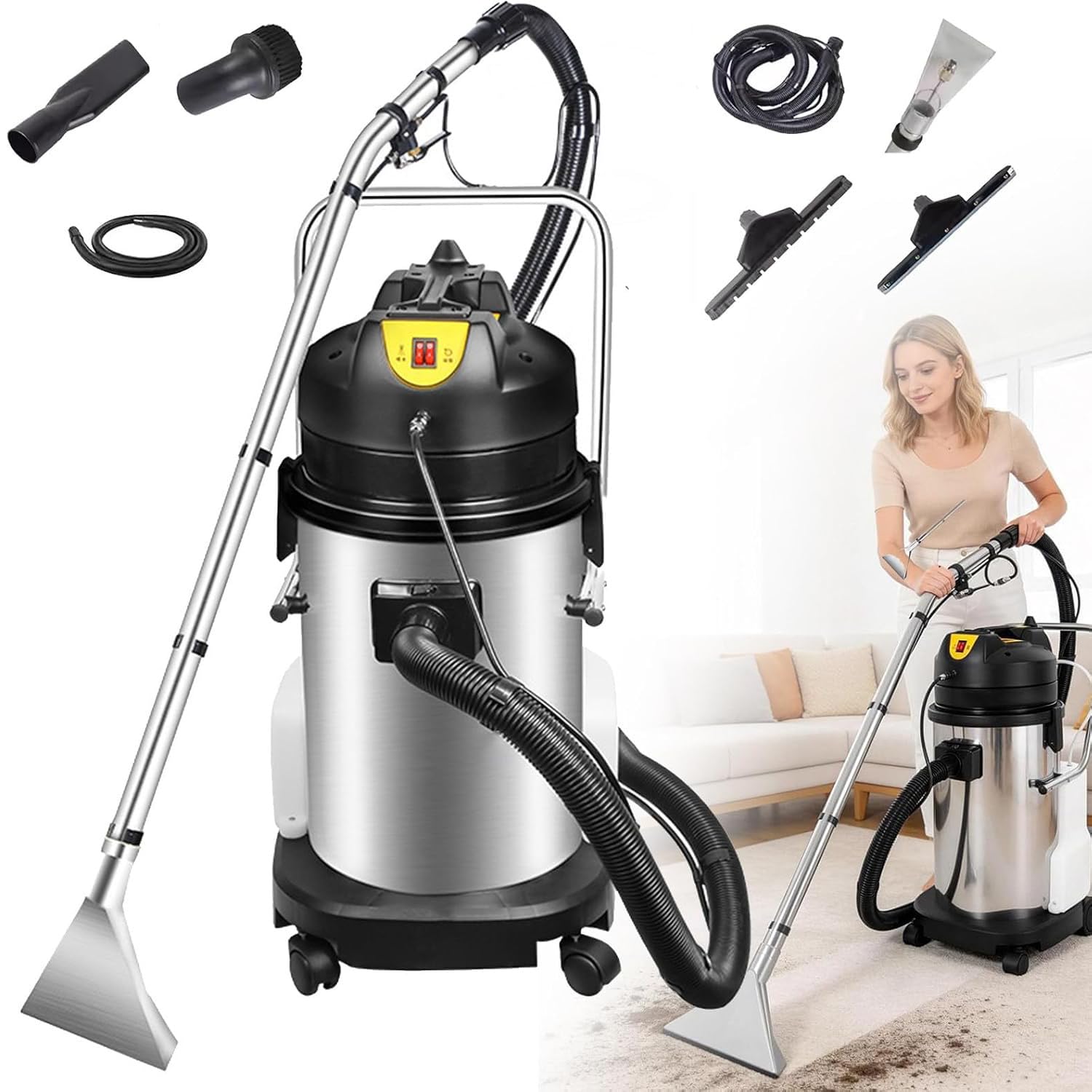 Limpia Tapicerías Profesional 3 en 1, Aspirador en Seco y Húmedo 40L | Pulverización 87 PSI y Aspiración 230 mbar con Depósito de Acero Inoxidable, Filtro Lavable y Ruedas para Alfombras y Sofás