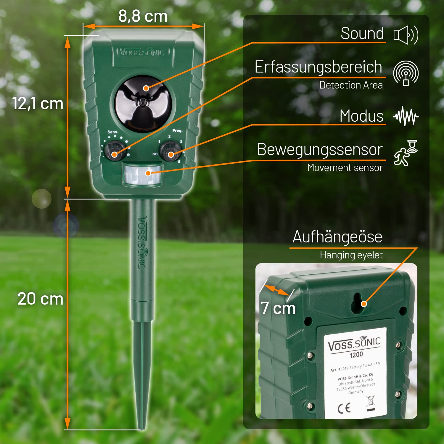 VOSS.sonic 2X dispositifs répulsifs à ultrasons 1200, répulsif Contre Chien, répulsif Contre Chats, avec Piquet de Support
