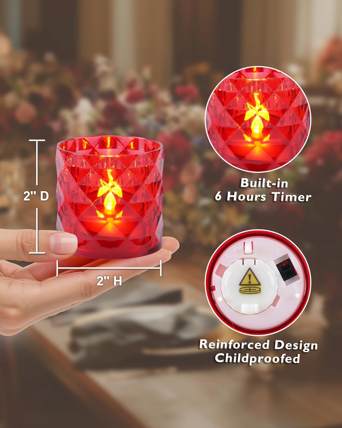 Homemory 2" x 2" Acrylic Votive Candle Holders with Auto Timer Flameless Led Tealight, Battery Powered Fake Electric Candles for Wedding Centerpiece, Table, Christmas Decor (12Pack, Red Base)