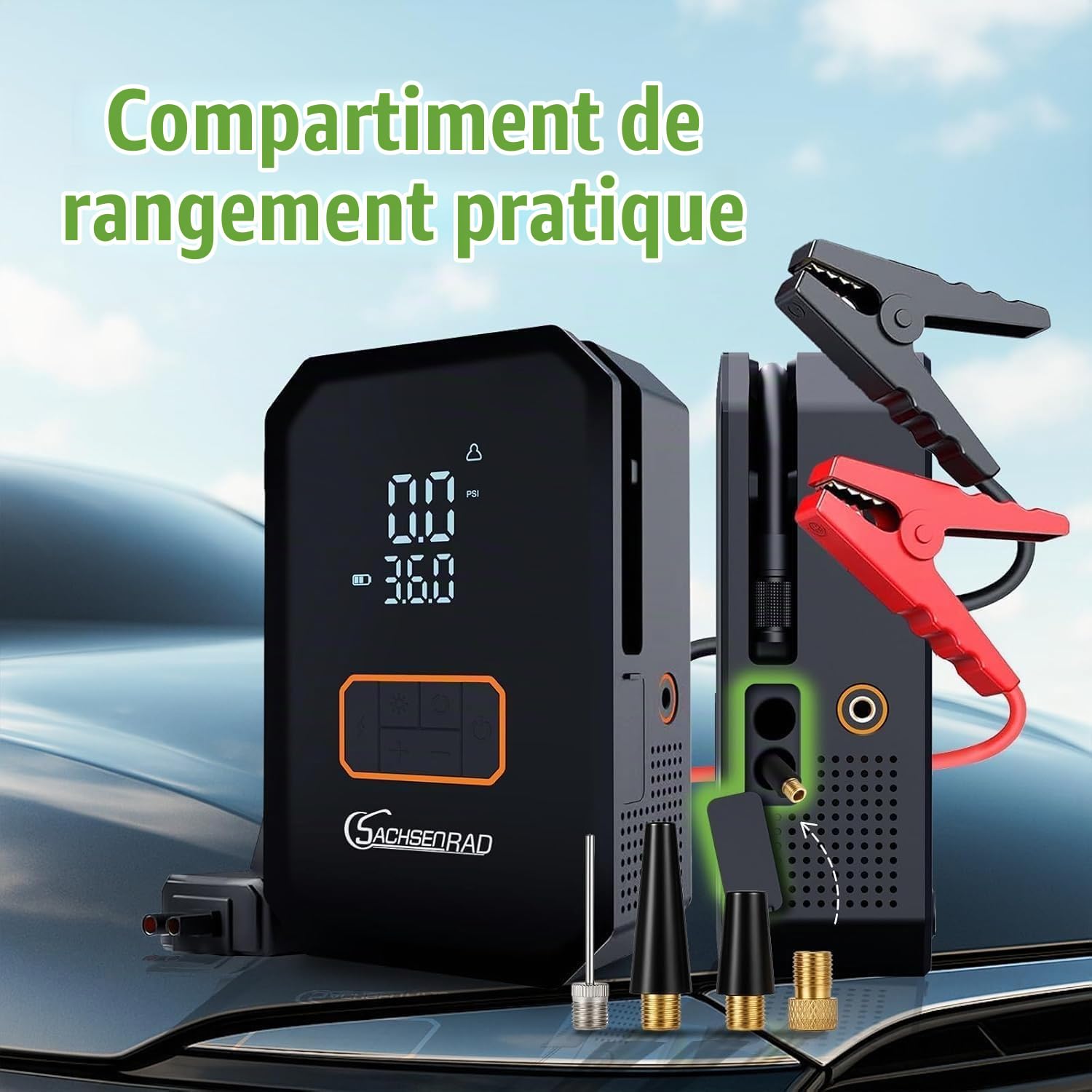 Booster Batterie Voiture avec Gonfleur d’Air 150 PSI – Démarreur 12 V pour Véhicules Jusqu’à 6L Essence / 3L Diesel, avec Câbles de Démarrage, Lampe LED d’Urgence et Embouts d’Air
