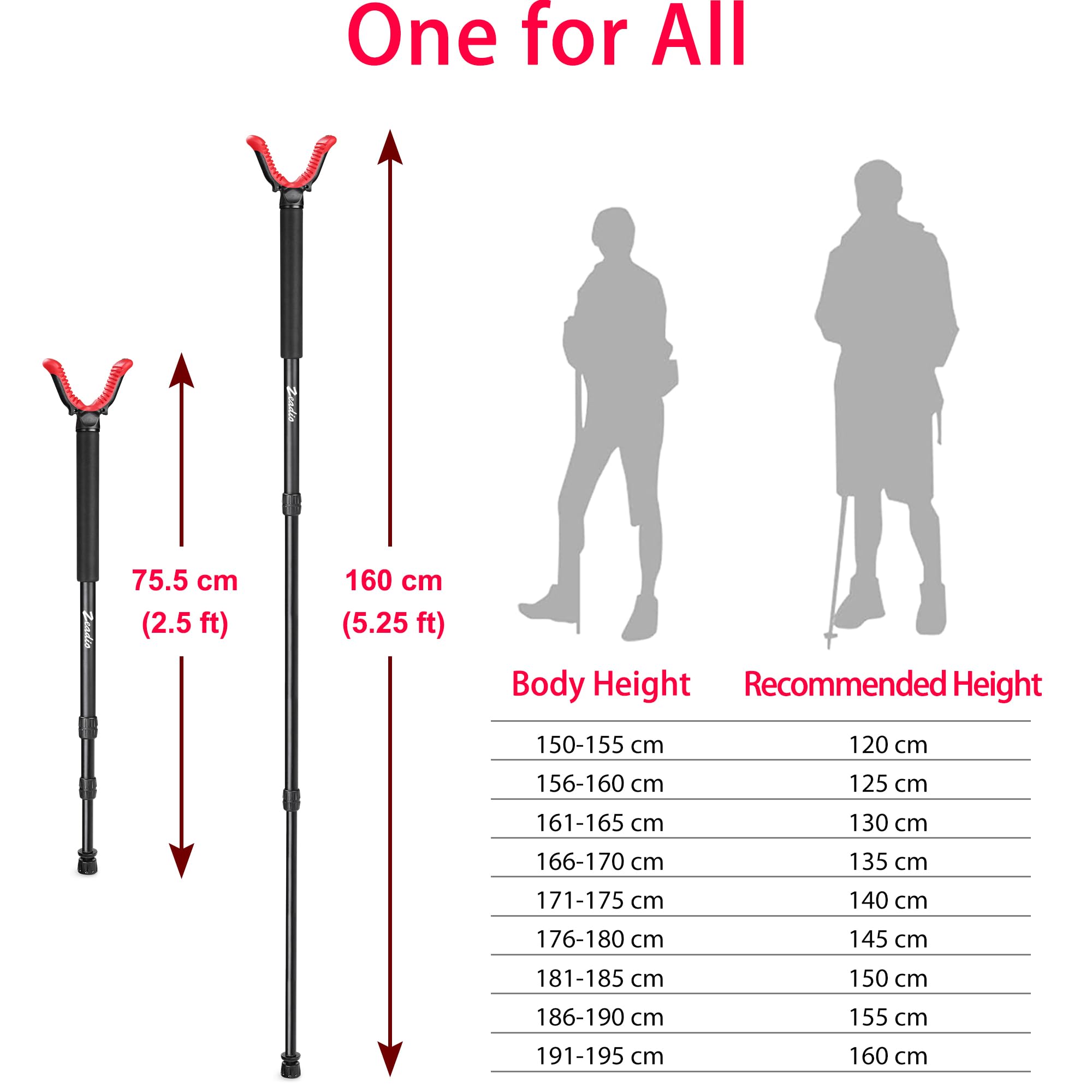 Zeadio Monopod Stick Rest with High Density Foam Grip, Twist-Style Locking Leg, and Non-Marring V-Yoke Shooting Rest Head for Outdoor Activities, 75cm - 160cm