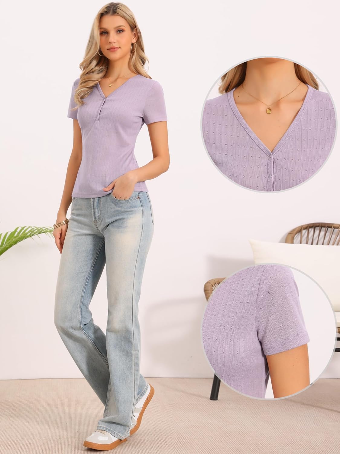 Allegra K Henley Shirts for Women's Short Sleeve V Neck Button Summer Tops t Shirts Ribbed Knit Top - Image 4