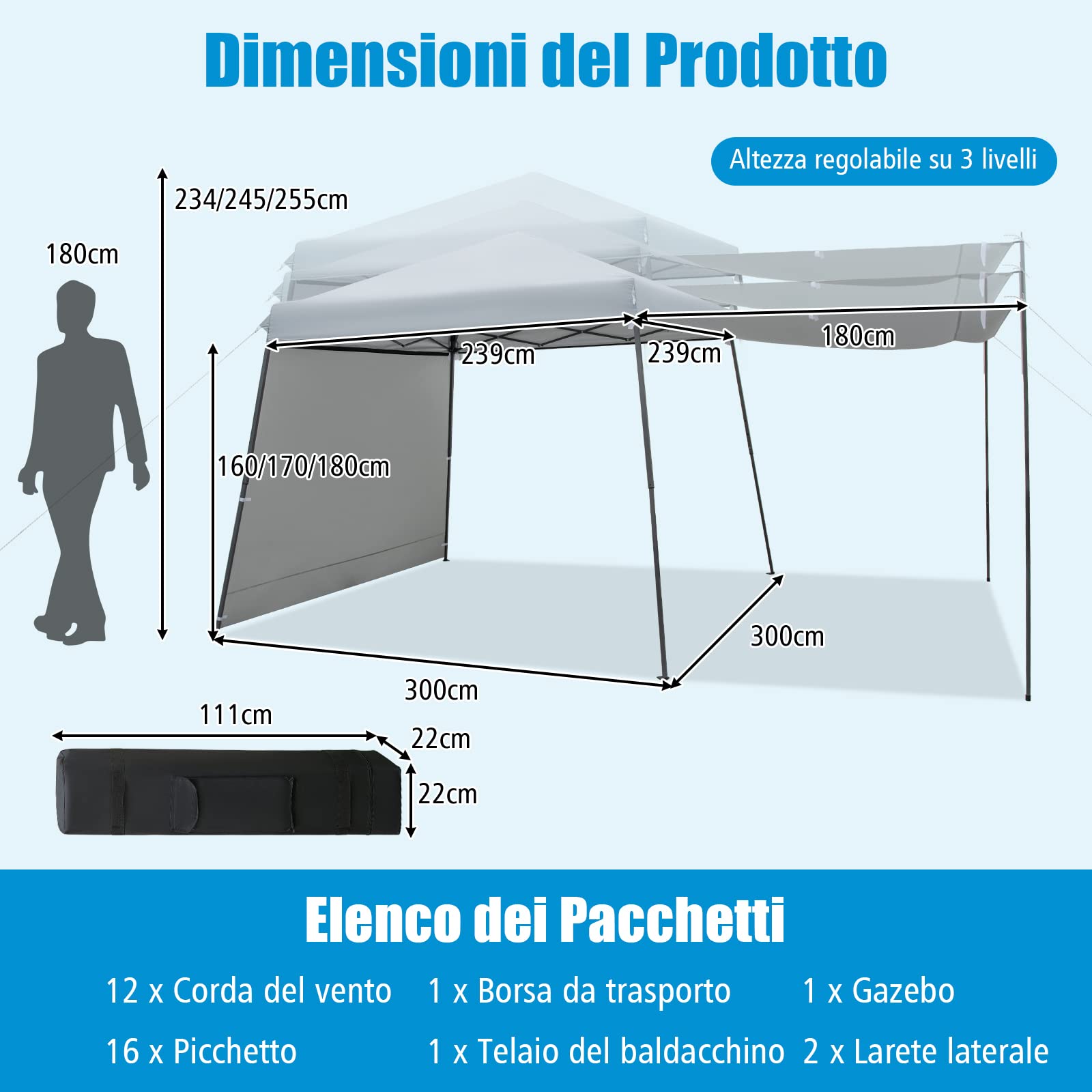 COSTWAY Gazebo Pieghevole 3 x 3 m, con Pareti/Tende Parasole, Gazebo Pop Up Impermeabile e Protettivo da Sole, con Altezza Regolabile e Borsa a Ruote, per Giardino Spiaggia e Campeggio